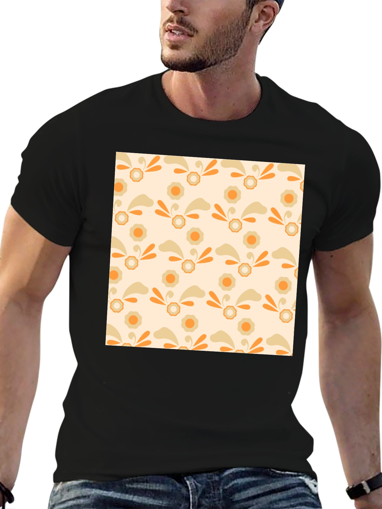 Retro Floral Pattern Black T-Shirt