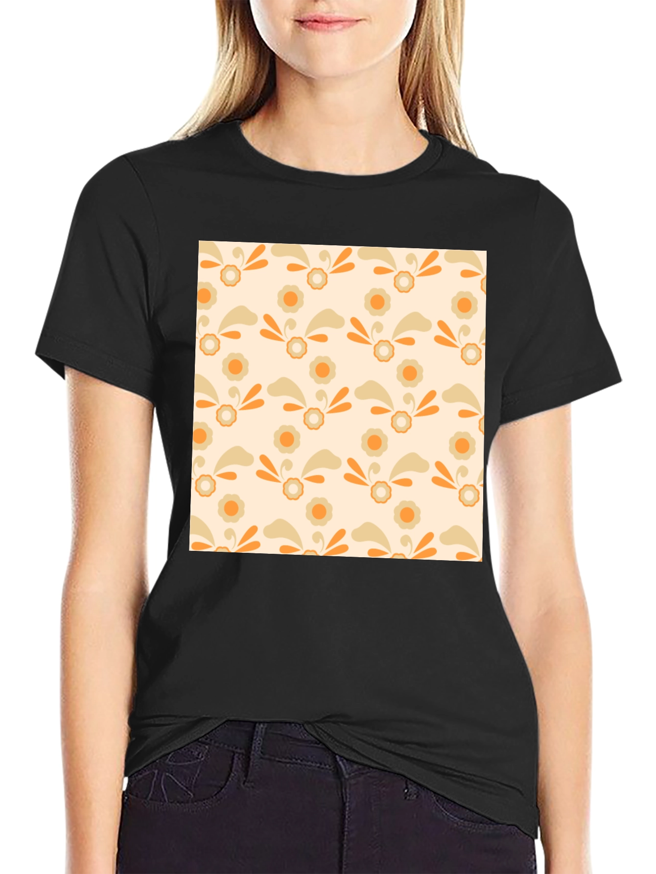Retro Floral Pattern Black T-Shirt