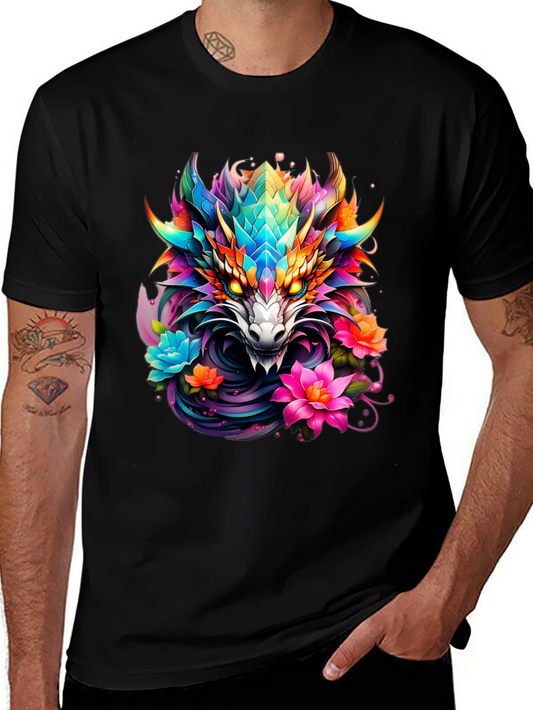 Dragon Floral Graphic Tee - Mens Black T-Shirt