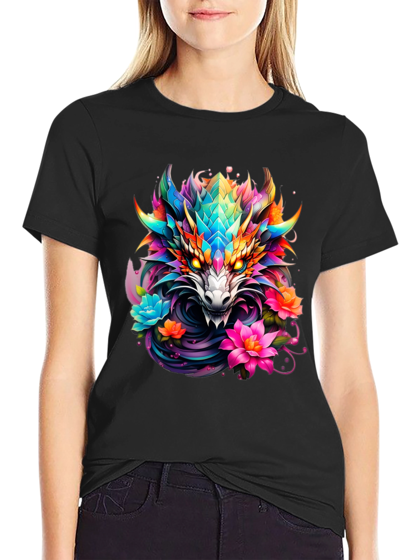 Dragon Floral Graphic Tee - Mens Black T-Shirt