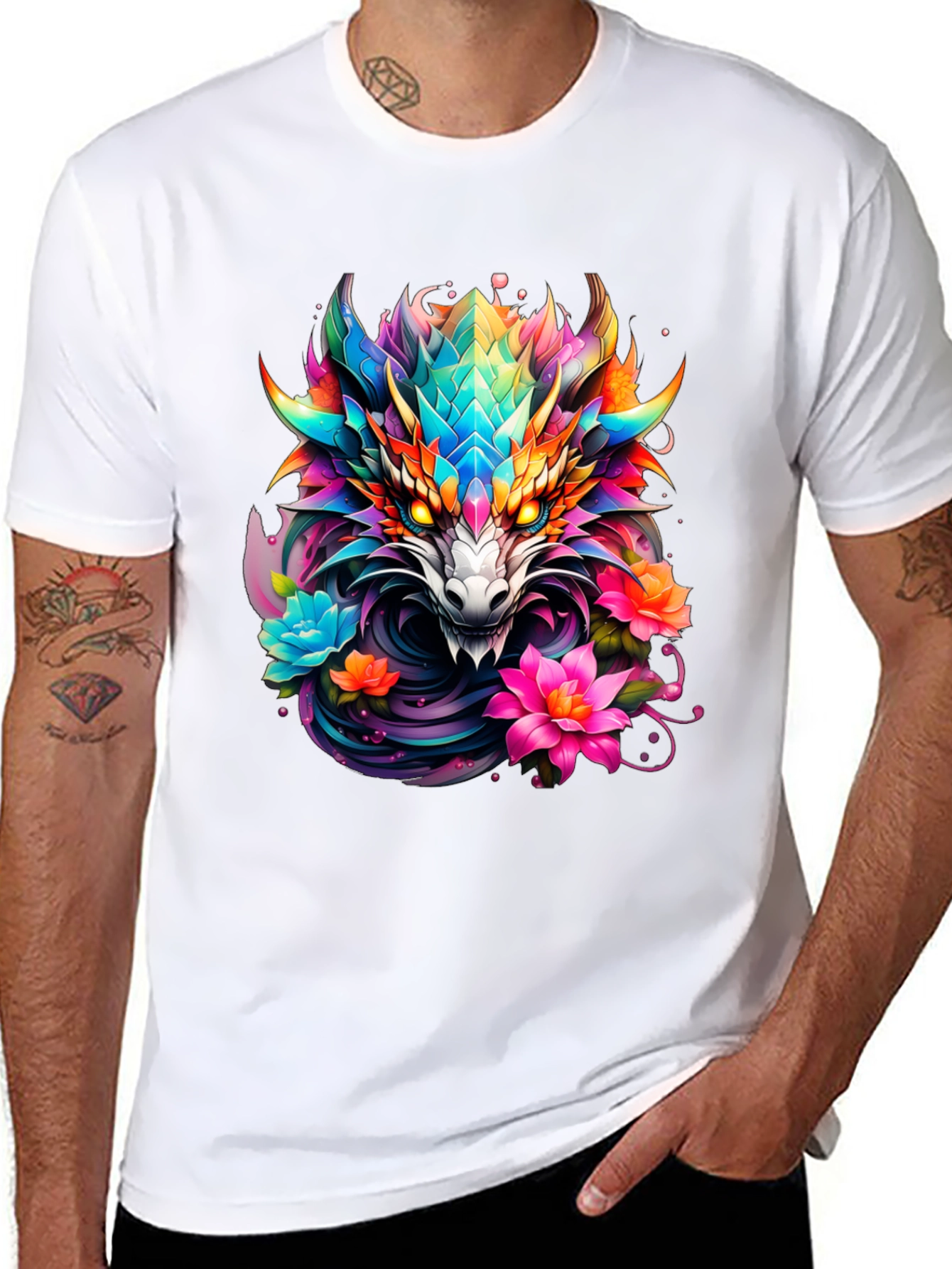 Dragon Floral Graphic Tee - Mens Black T-Shirt