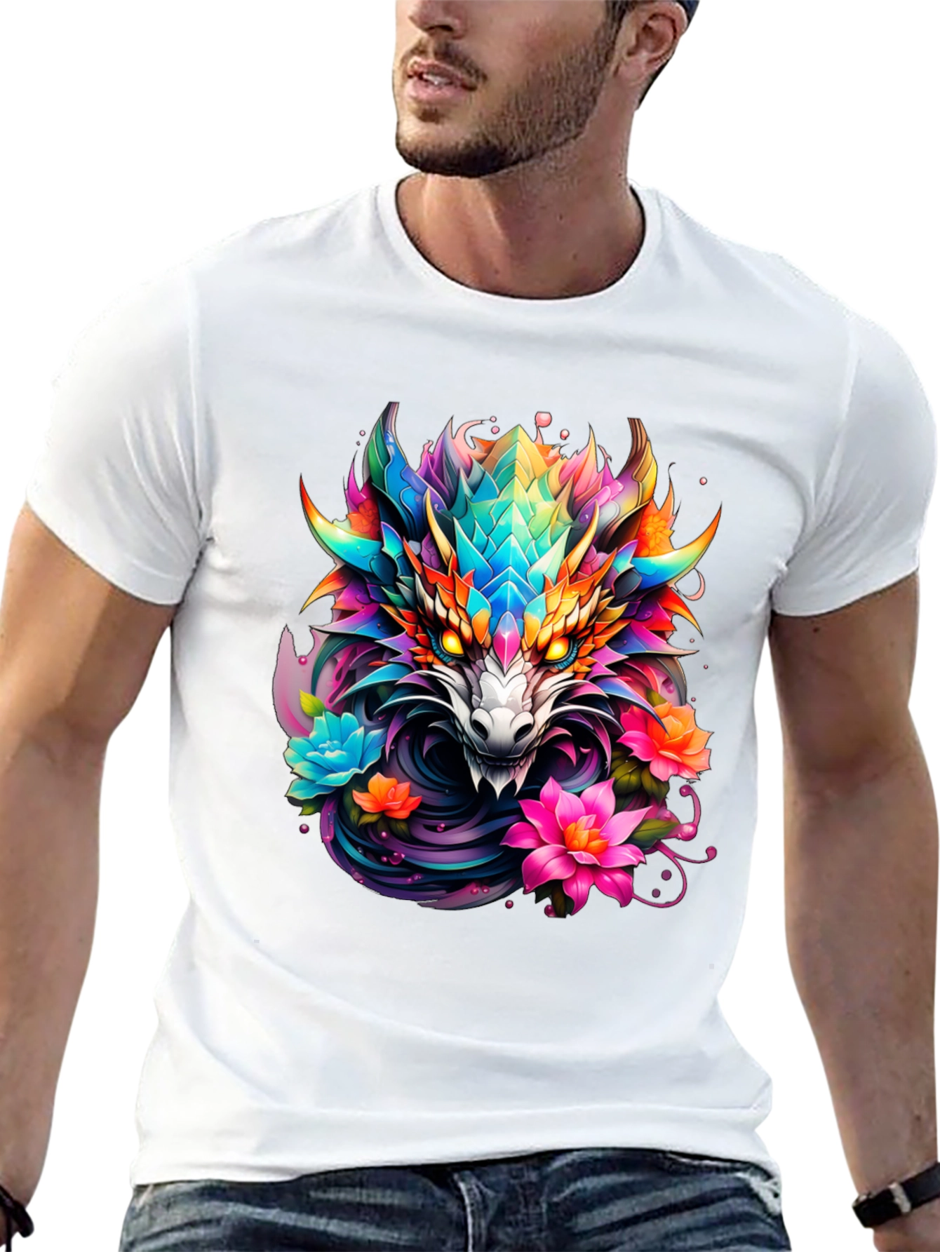 Dragon Floral Graphic Tee - Mens Black T-Shirt