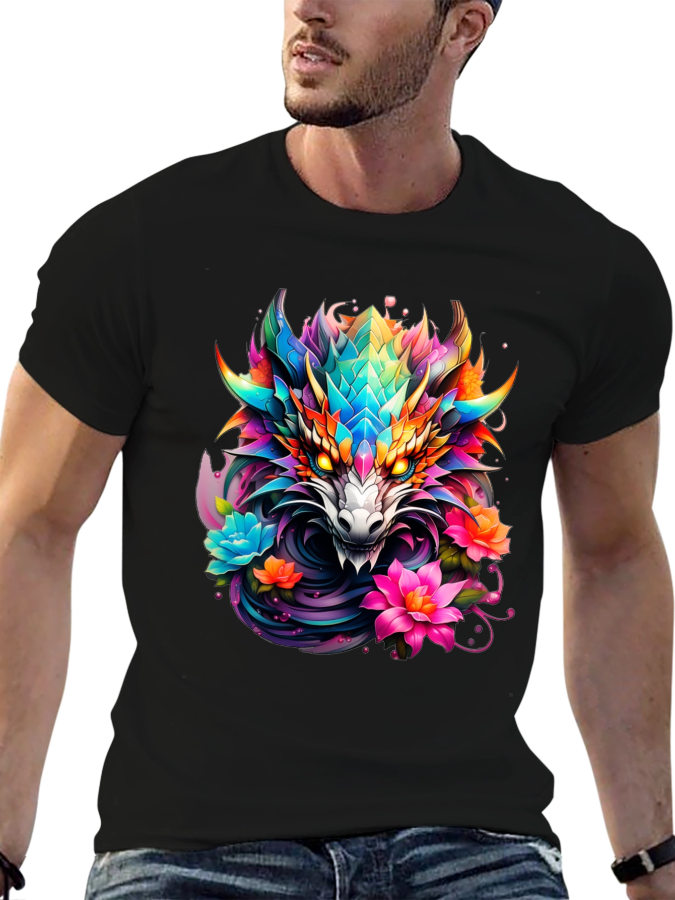 Dragon Floral Graphic Tee - Mens Black T-Shirt