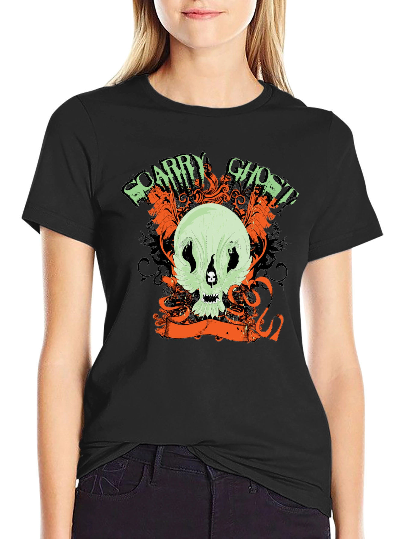 Scary Ghost Skull Graphic Print Black T-Shirt