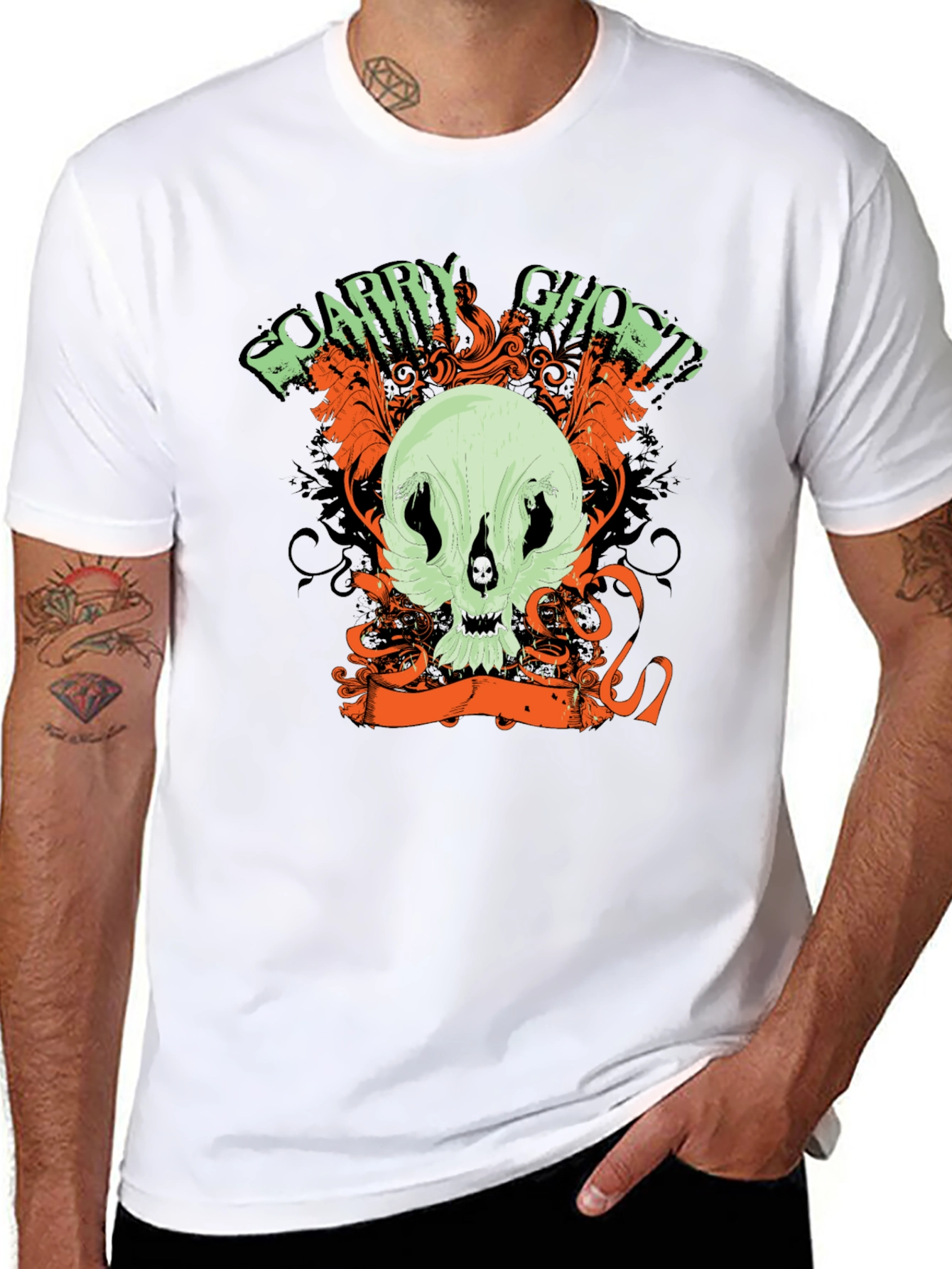 Scary Ghost Skull Graphic Print Black T-Shirt
