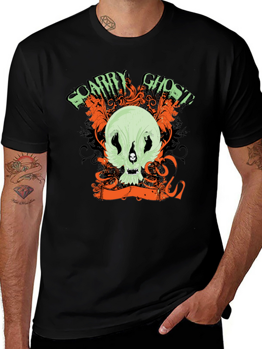 Scary Ghost Skull Graphic Print Black T-Shirt