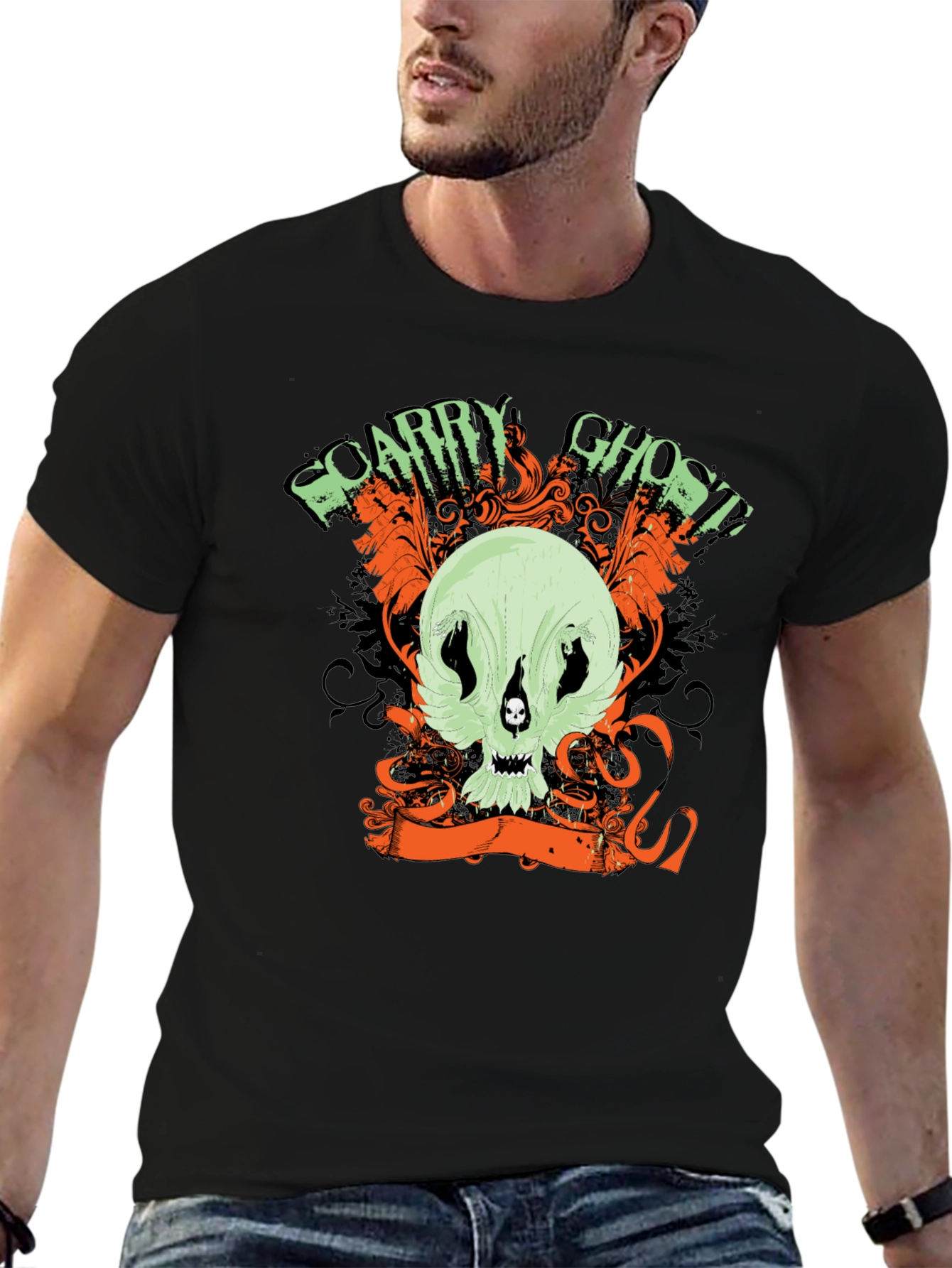 Scary Ghost Skull Graphic Print Black T-Shirt