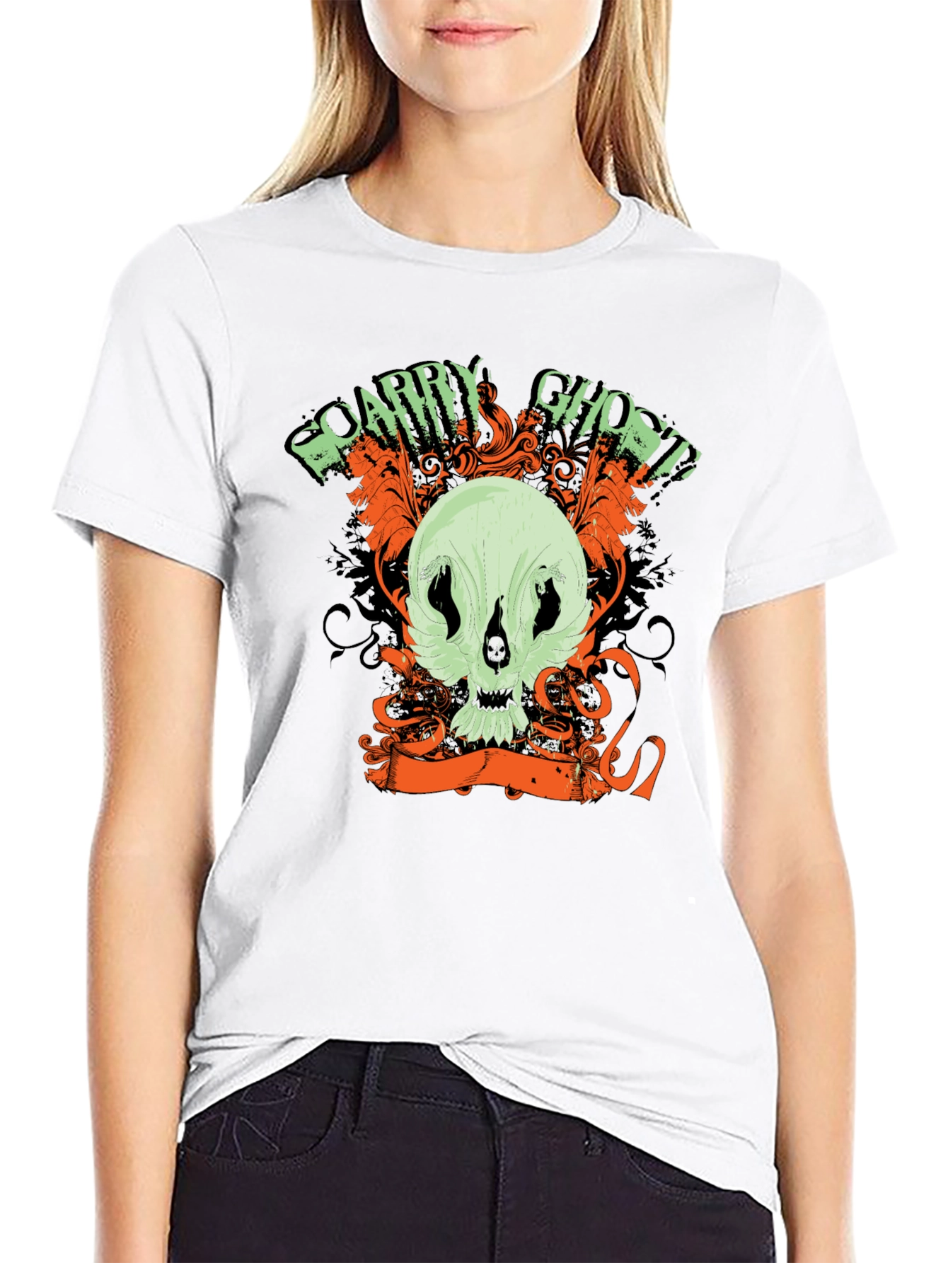 Scary Ghost Skull Graphic Print Black T-Shirt