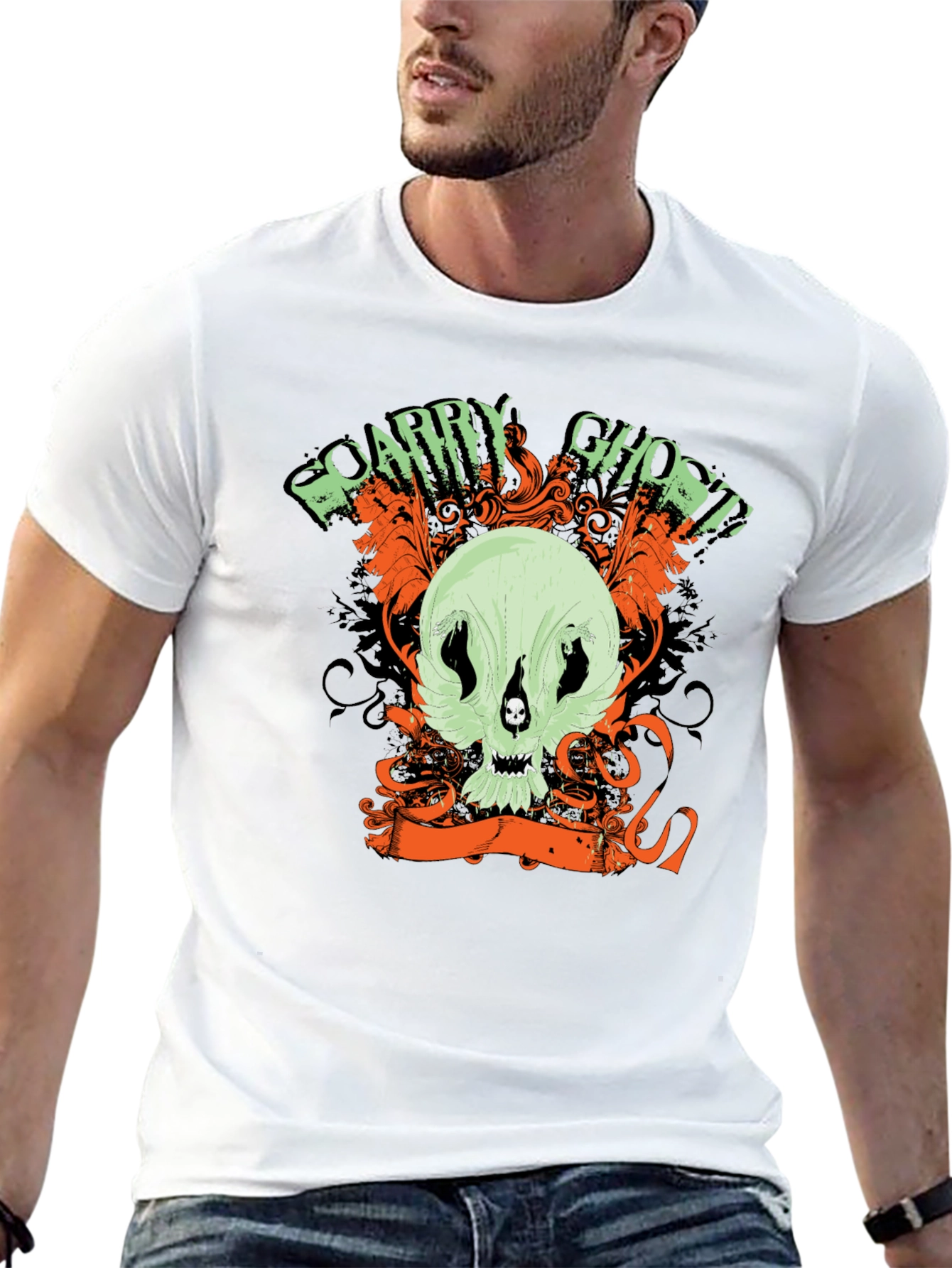 Scary Ghost Skull Graphic Print Black T-Shirt