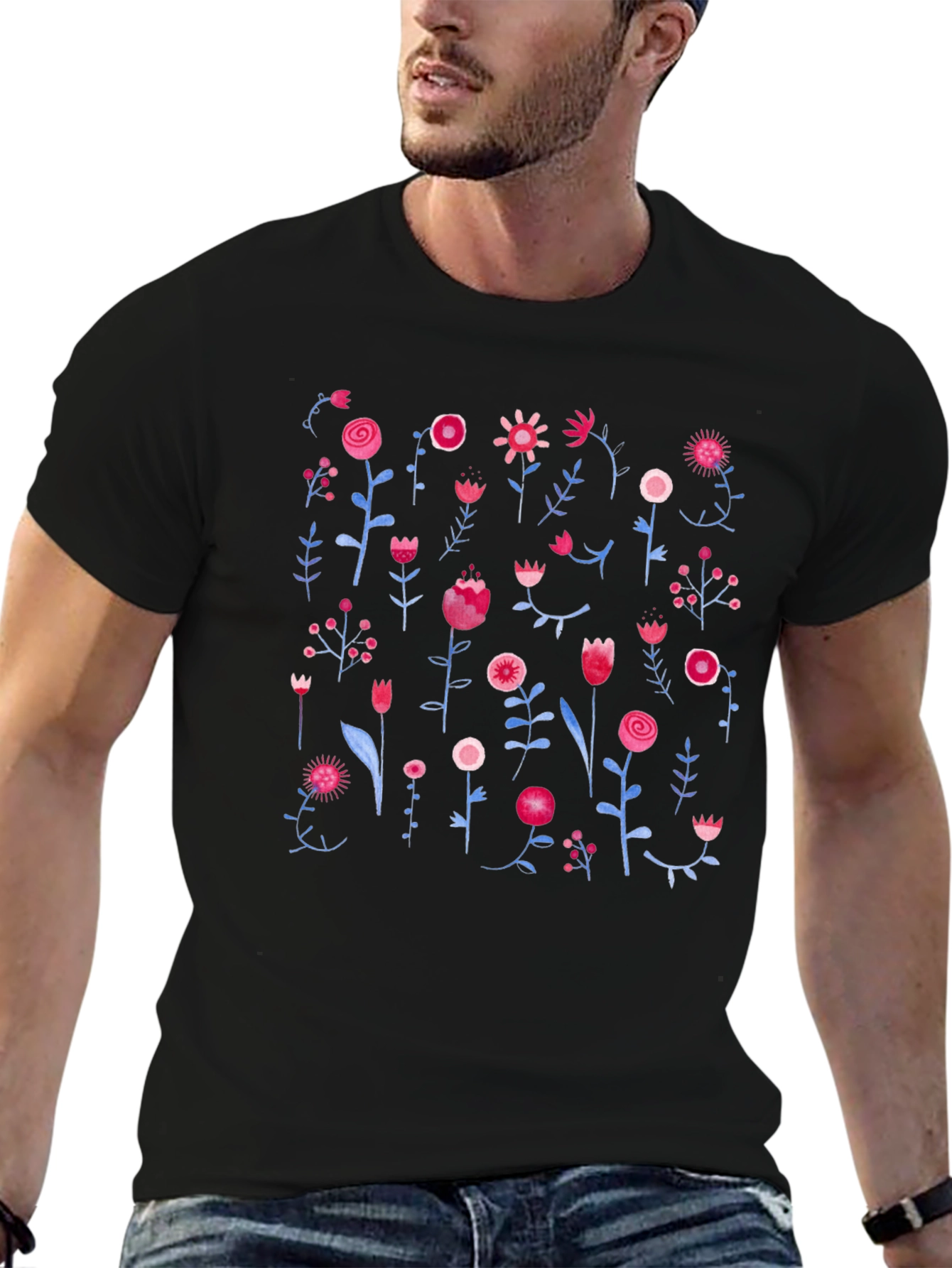 Floral Print Black Crewneck T-Shirt