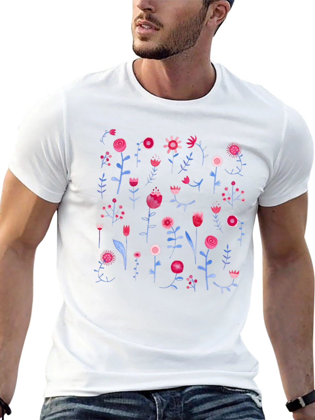 Floral Print Black Crewneck T-Shirt