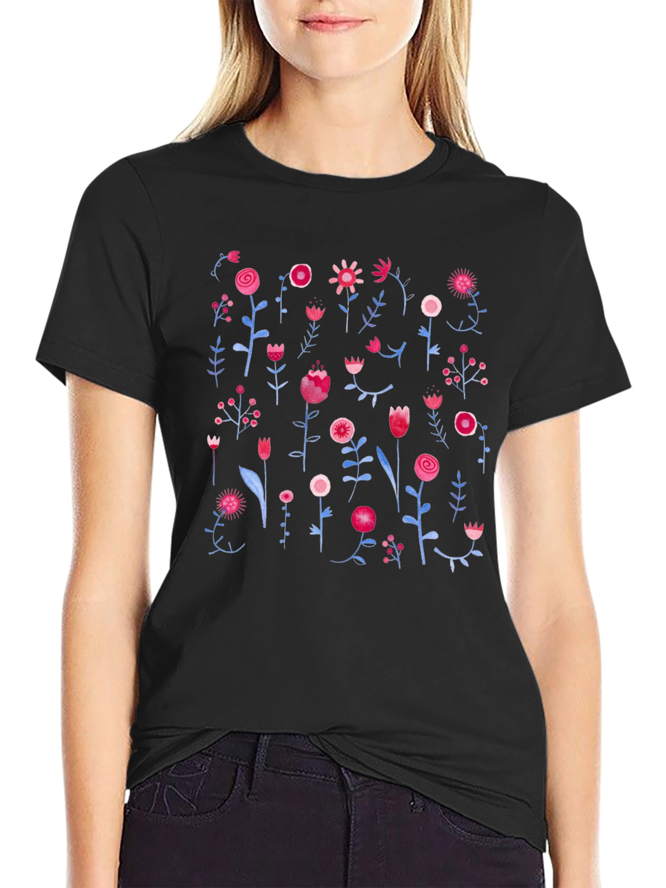 Floral Print Black Crewneck T-Shirt