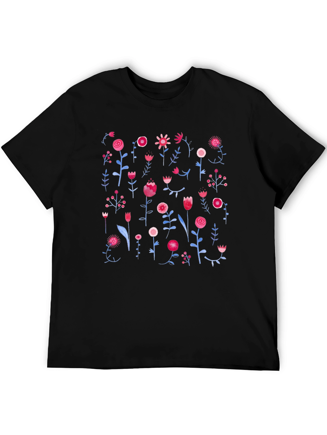 Floral Print Black Crewneck T-Shirt