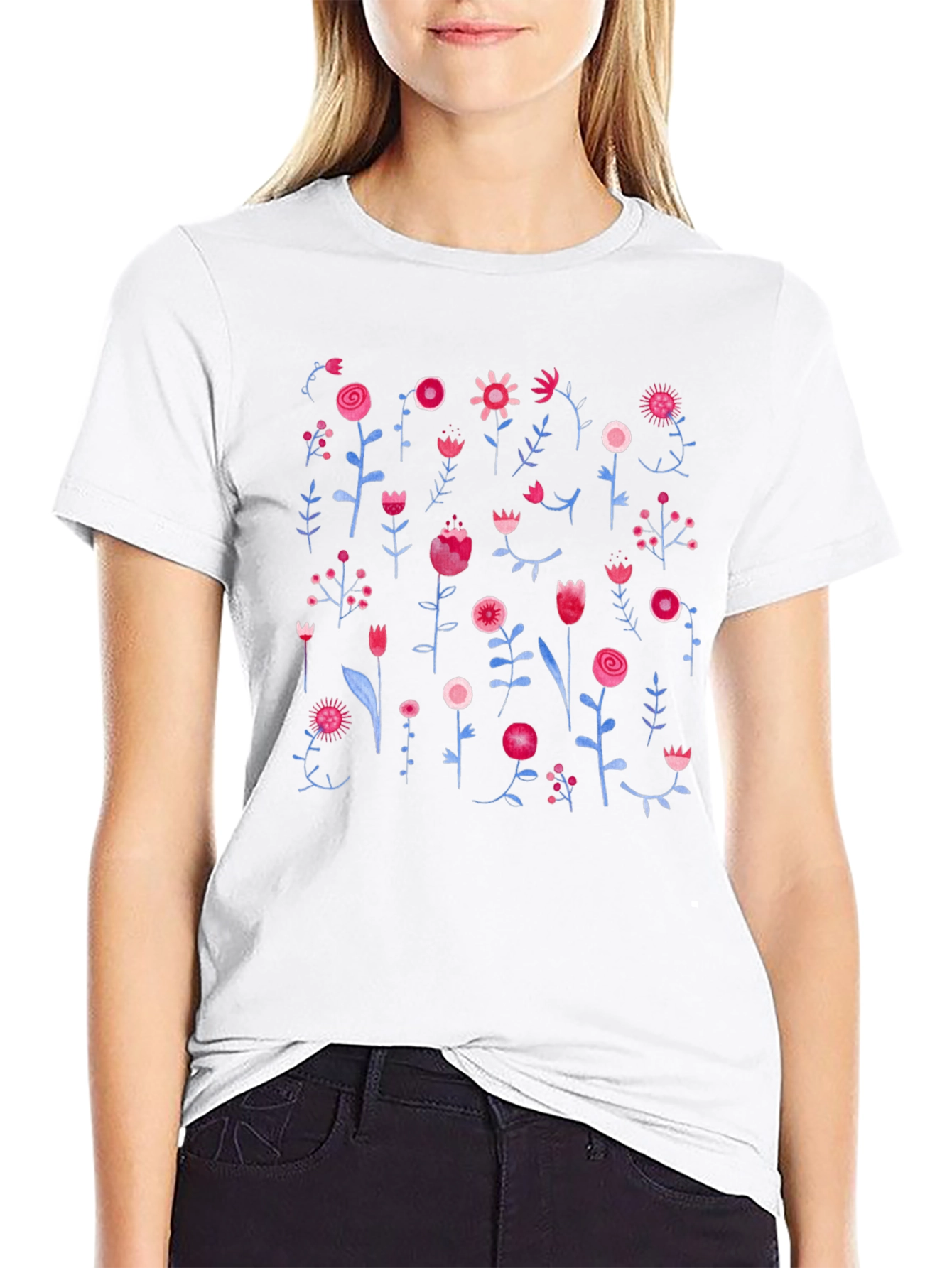 Floral Print Black Crewneck T-Shirt