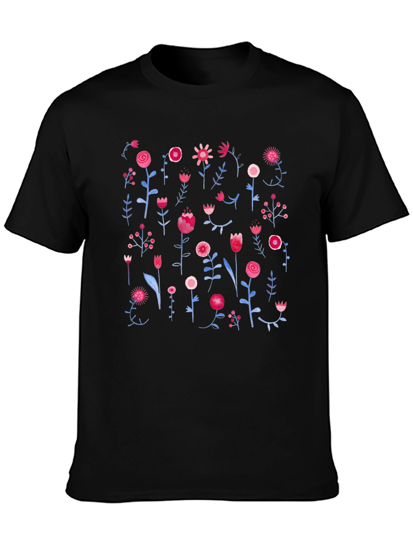 Floral Print Black Crewneck T-Shirt