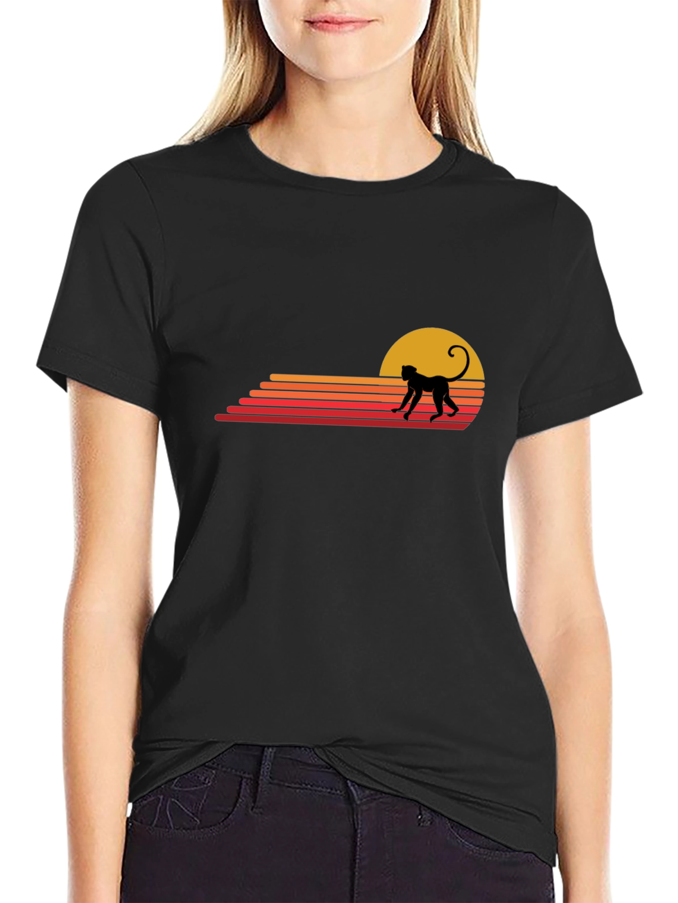 Retro Monkey Sunset Graphic Tee - Casual Black T-Shirt