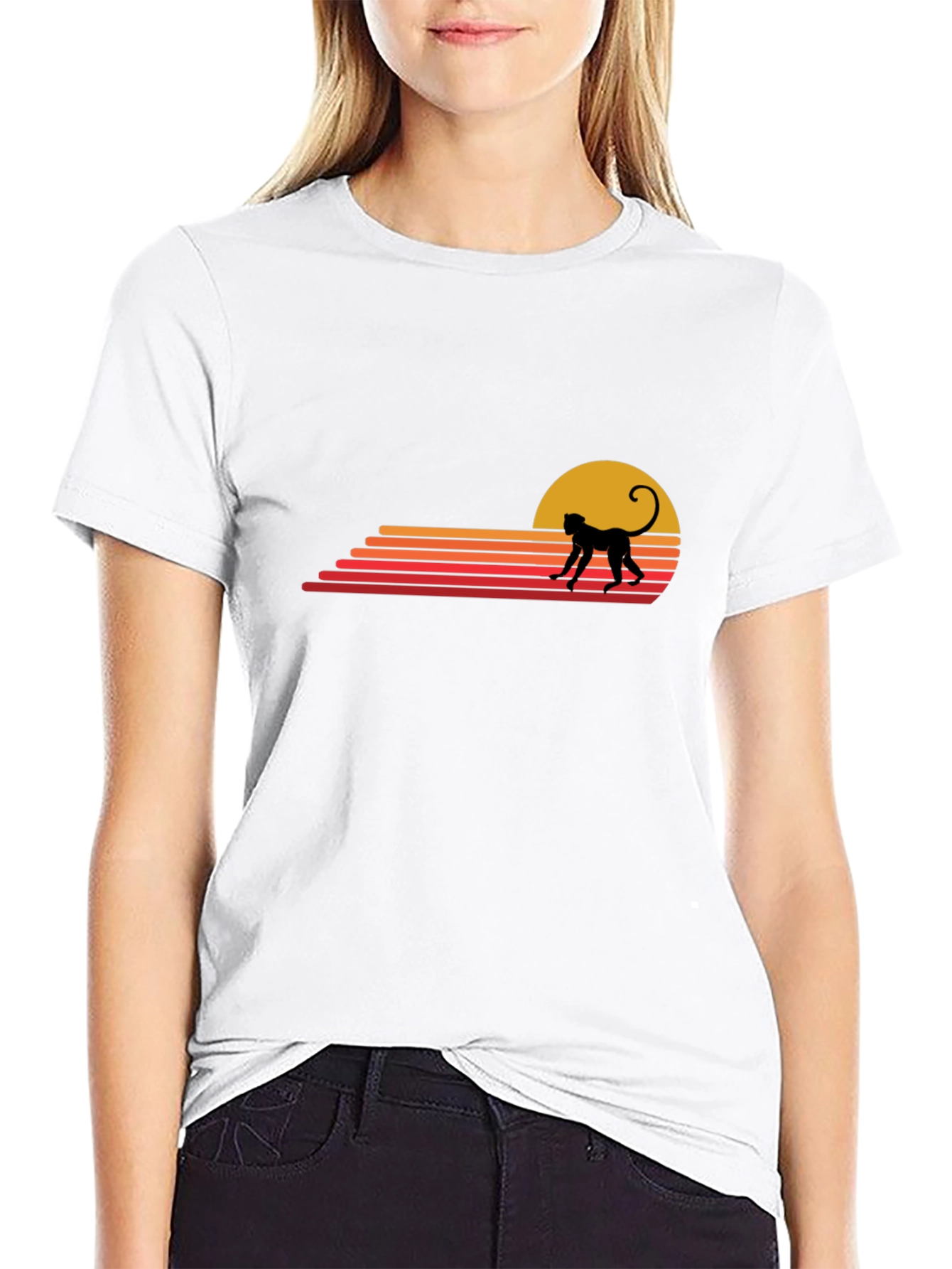 Retro Monkey Sunset Graphic Tee - Casual Black T-Shirt
