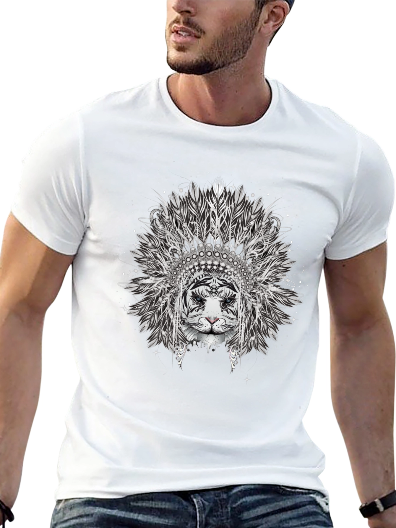 Tiger Headdress Graphic Print Black T-Shirt