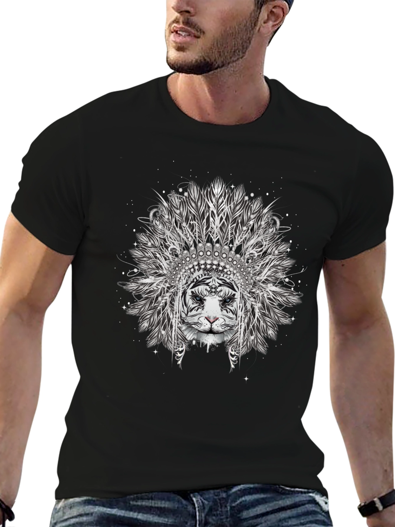 Tiger Headdress Graphic Print Black T-Shirt