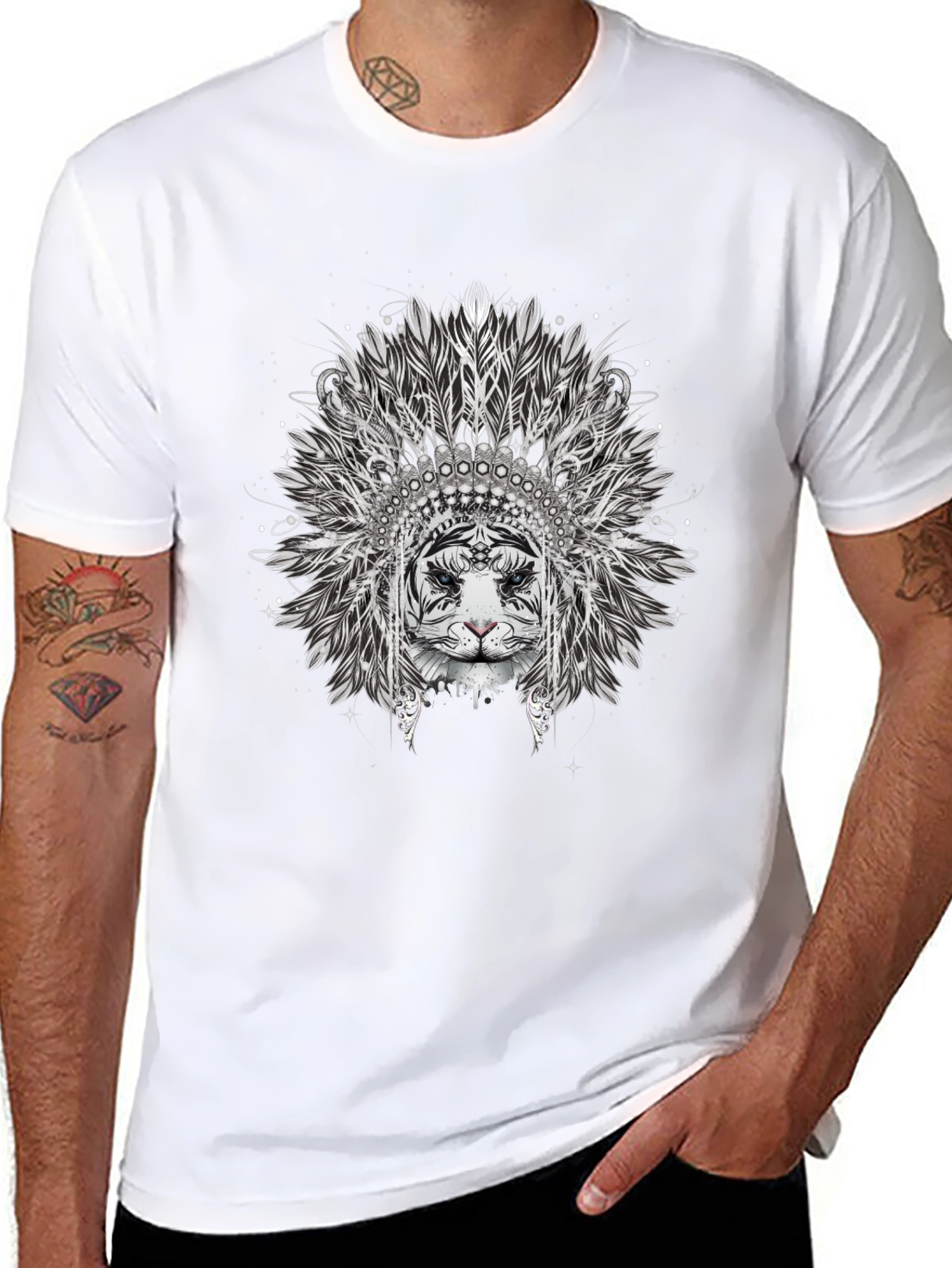 Tiger Headdress Graphic Print Black T-Shirt