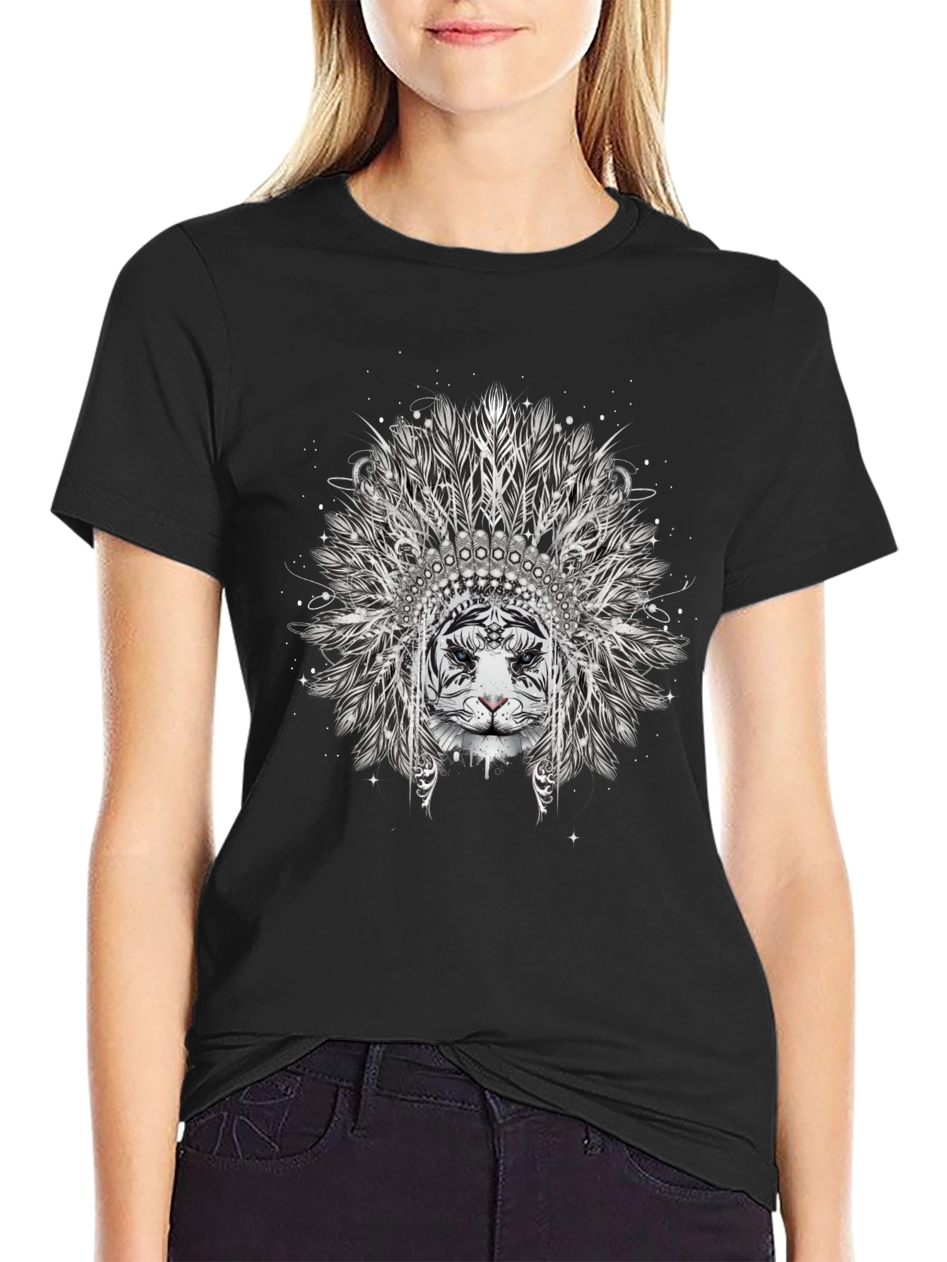 Tiger Headdress Graphic Print Black T-Shirt