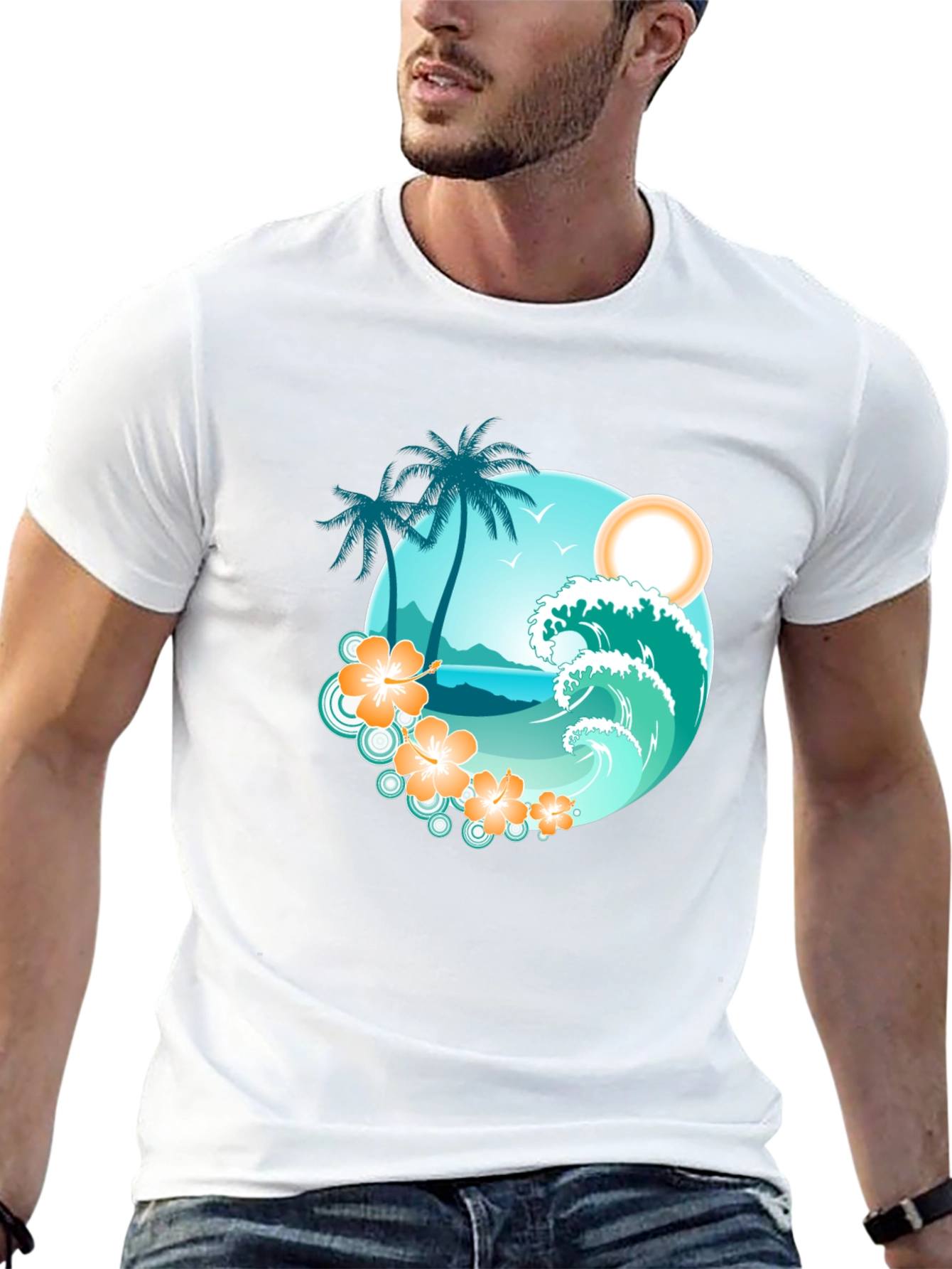 Tropical Beach Scene Graphic Tee - Black