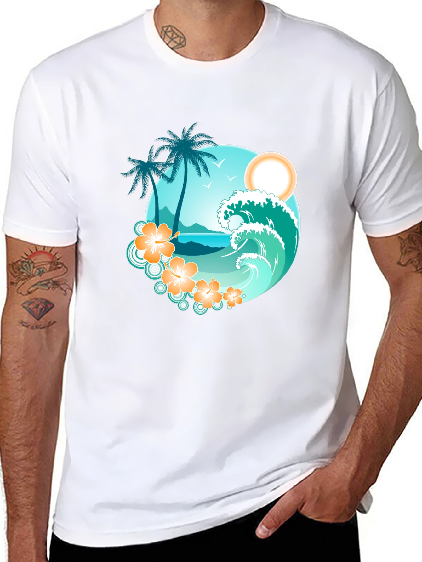 Tropical Beach Scene Graphic Tee - Black