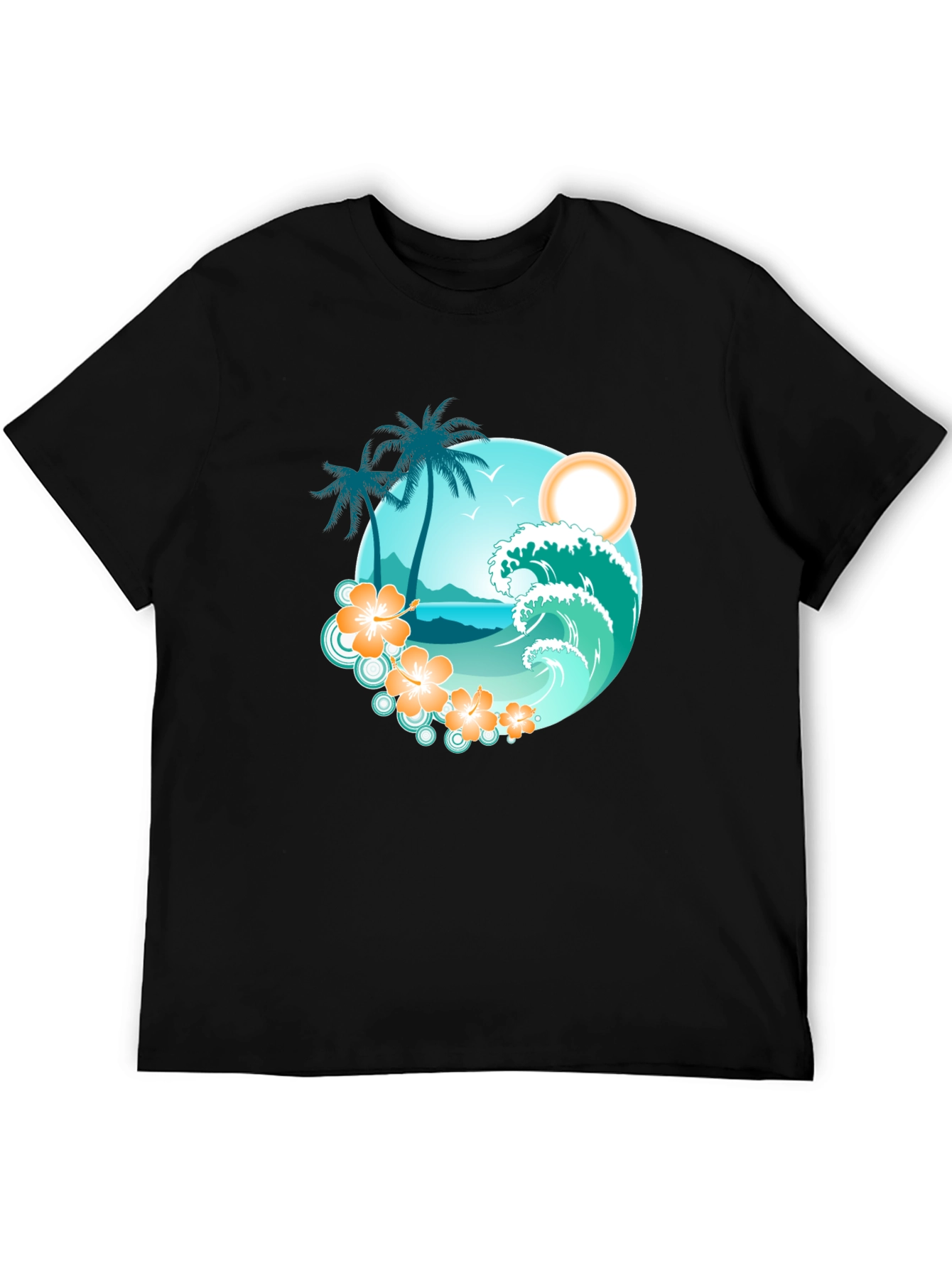 Tropical Beach Scene Graphic Tee - Black