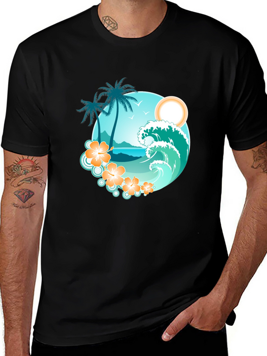 Tropical Beach Scene Graphic Tee - Black