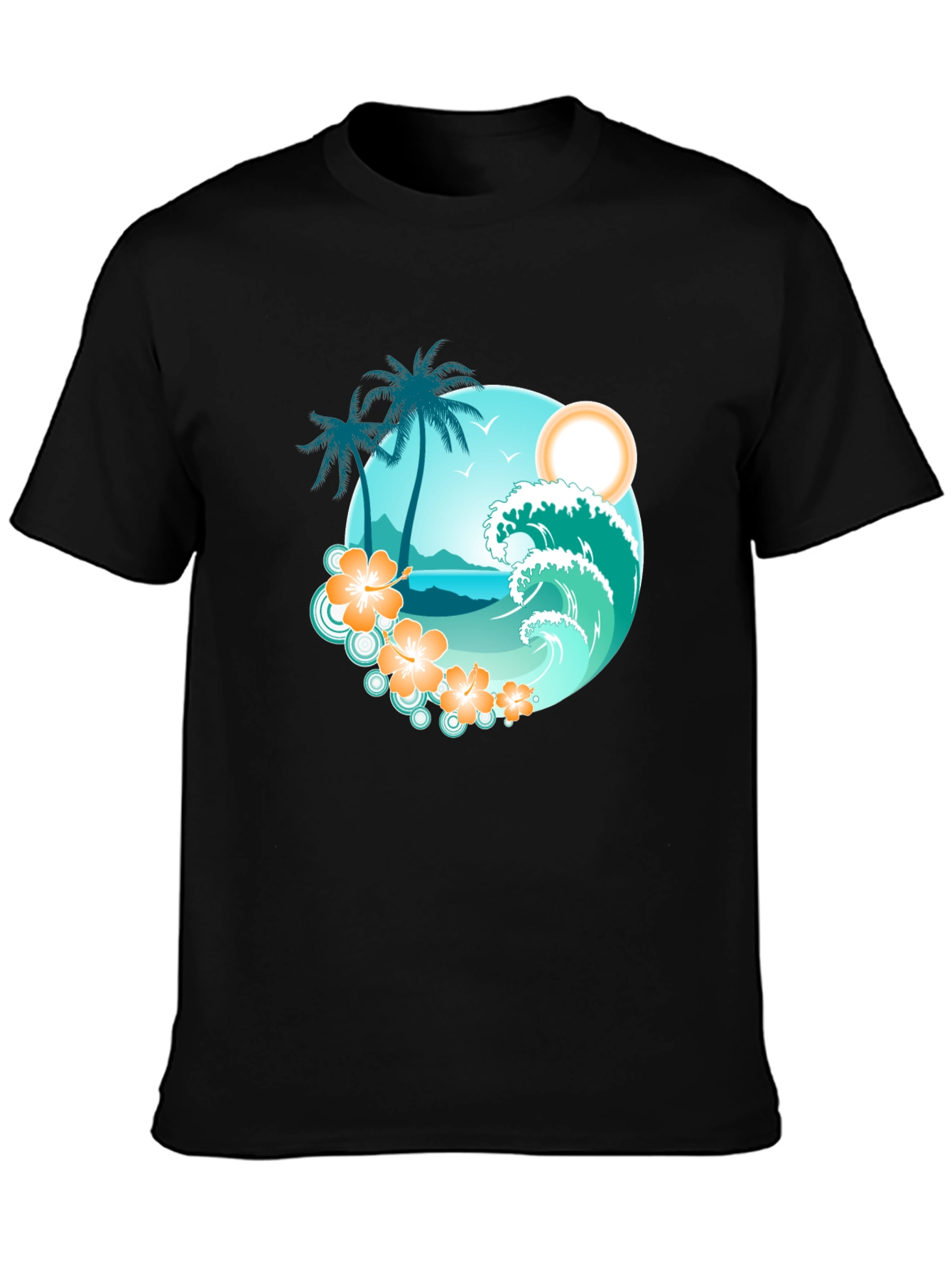 Tropical Beach Scene Graphic Tee - Black