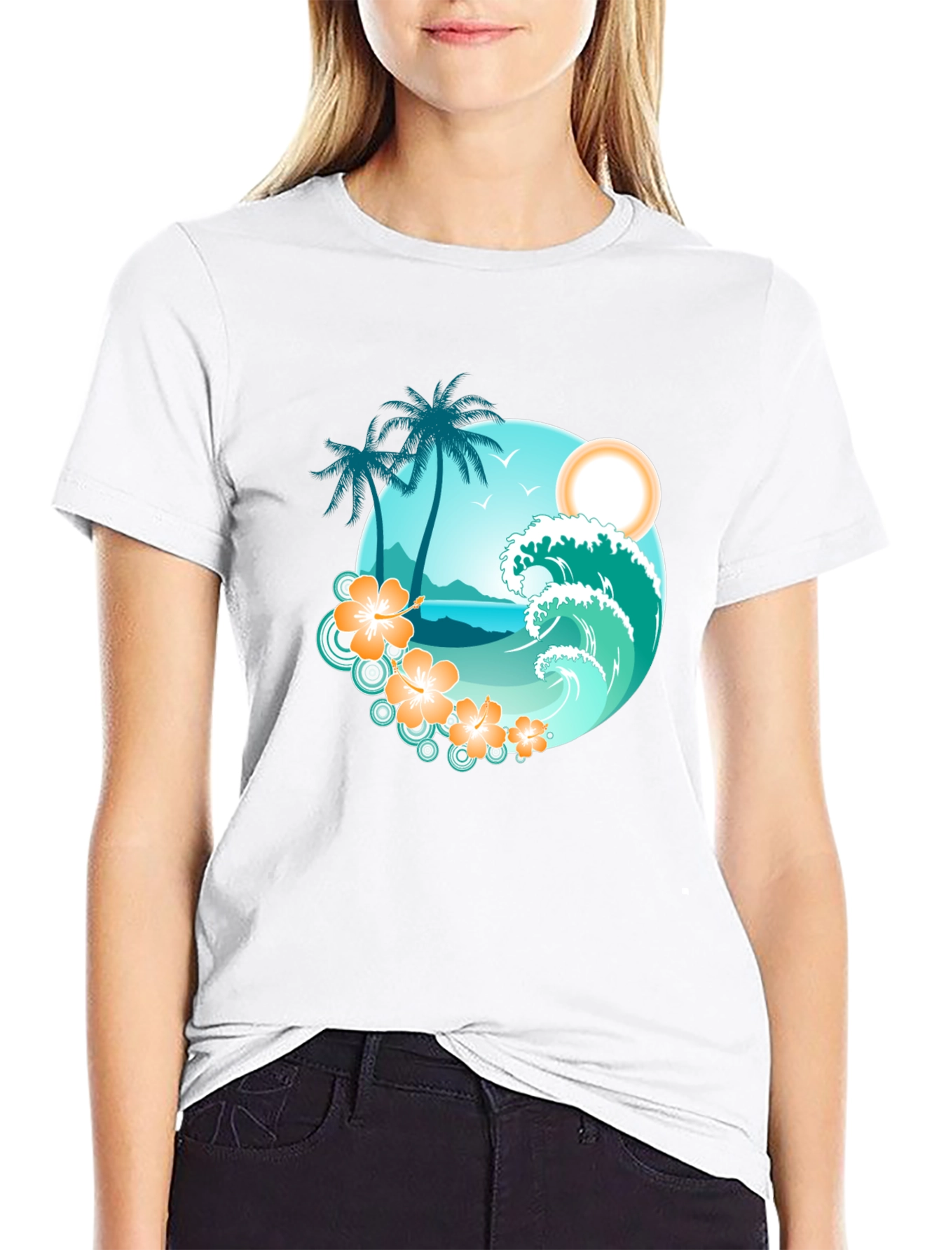 Tropical Beach Scene Graphic Tee - Black
