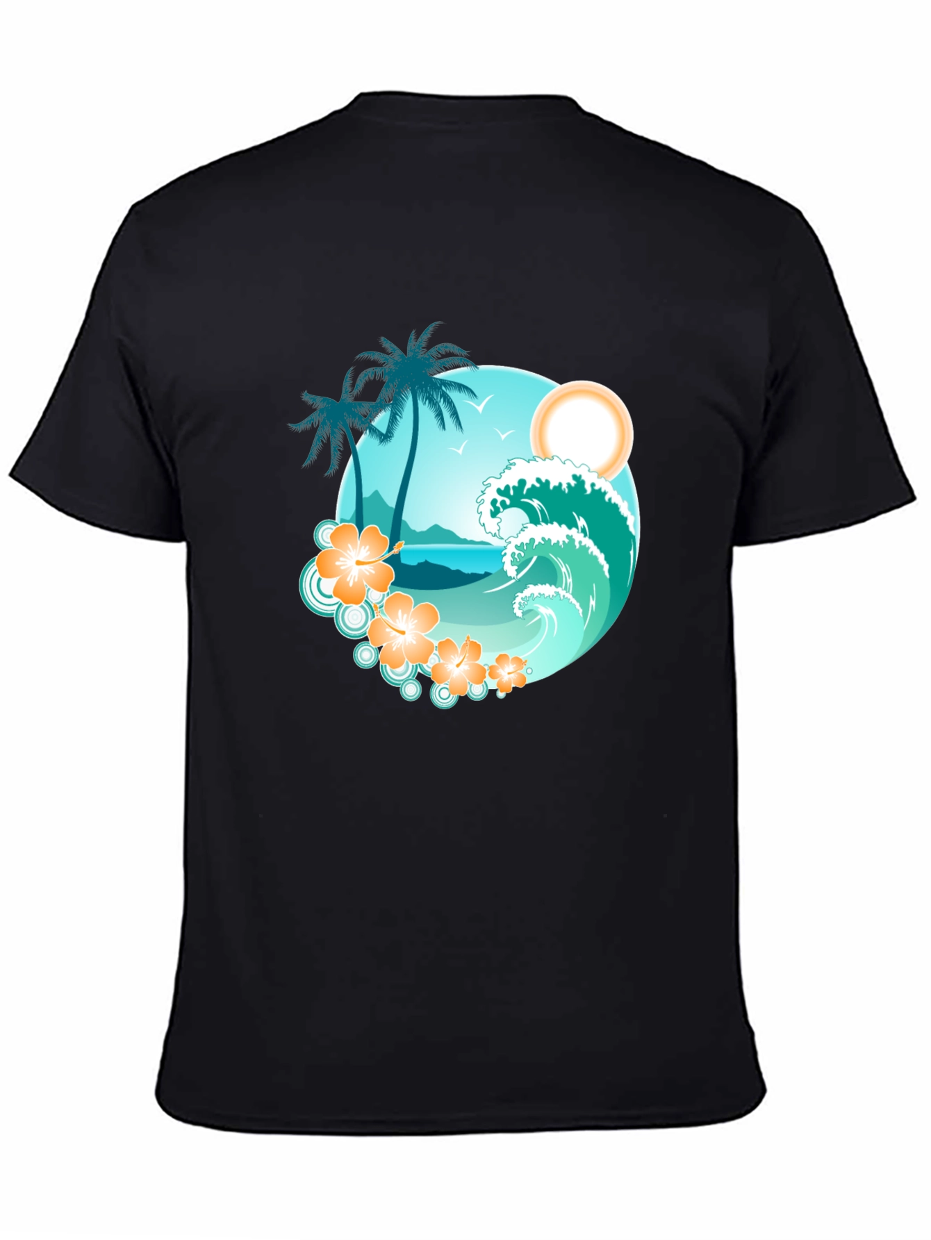 Tropical Beach Scene Graphic Tee - Black