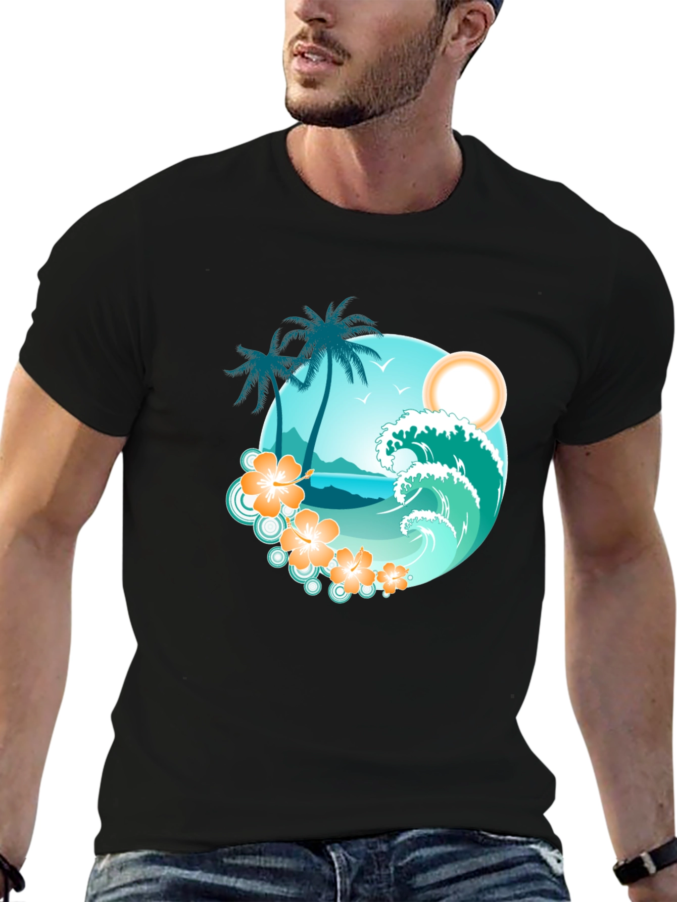 Tropical Beach Scene Graphic Tee - Black