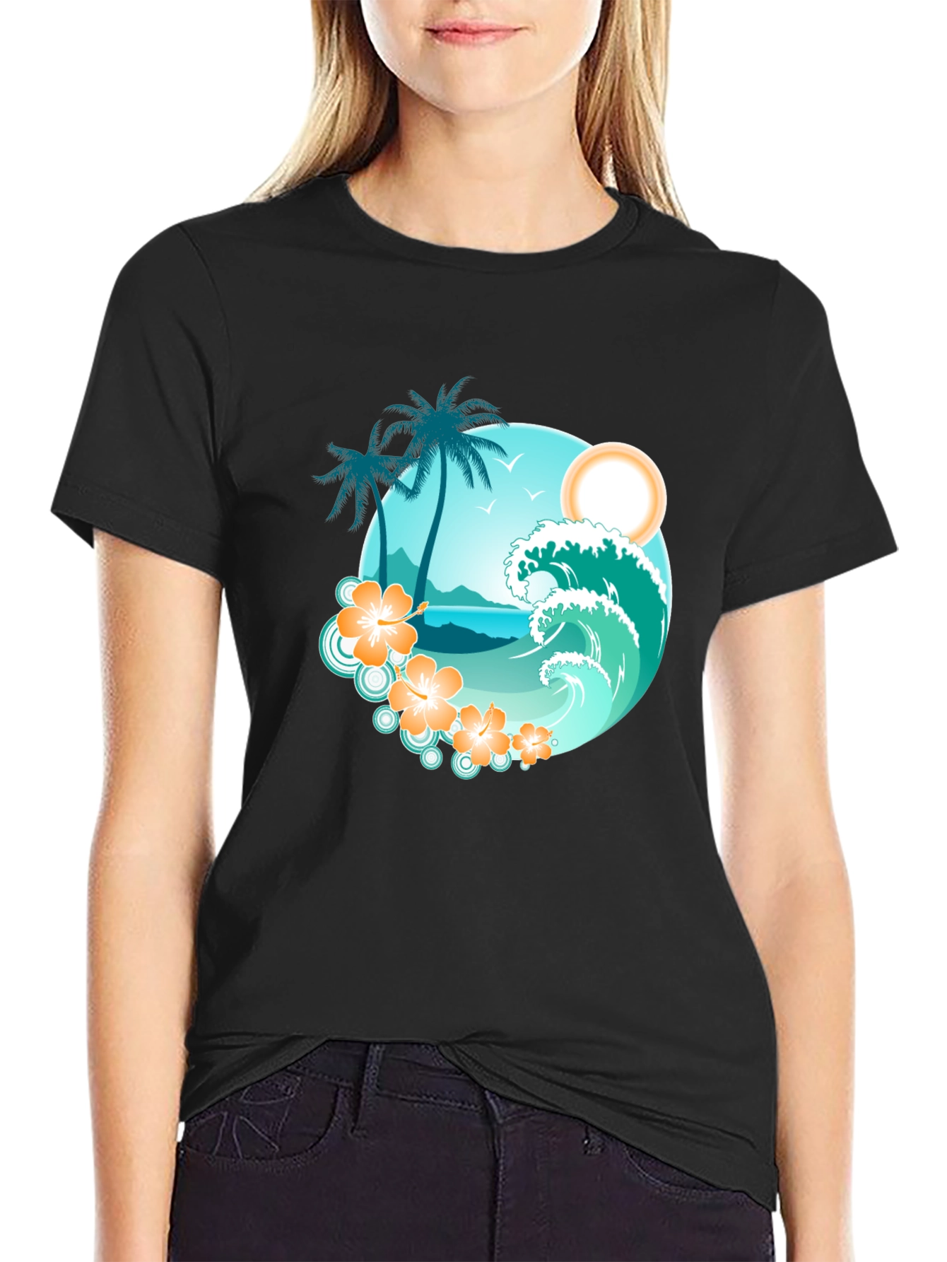 Tropical Beach Scene Graphic Tee - Black