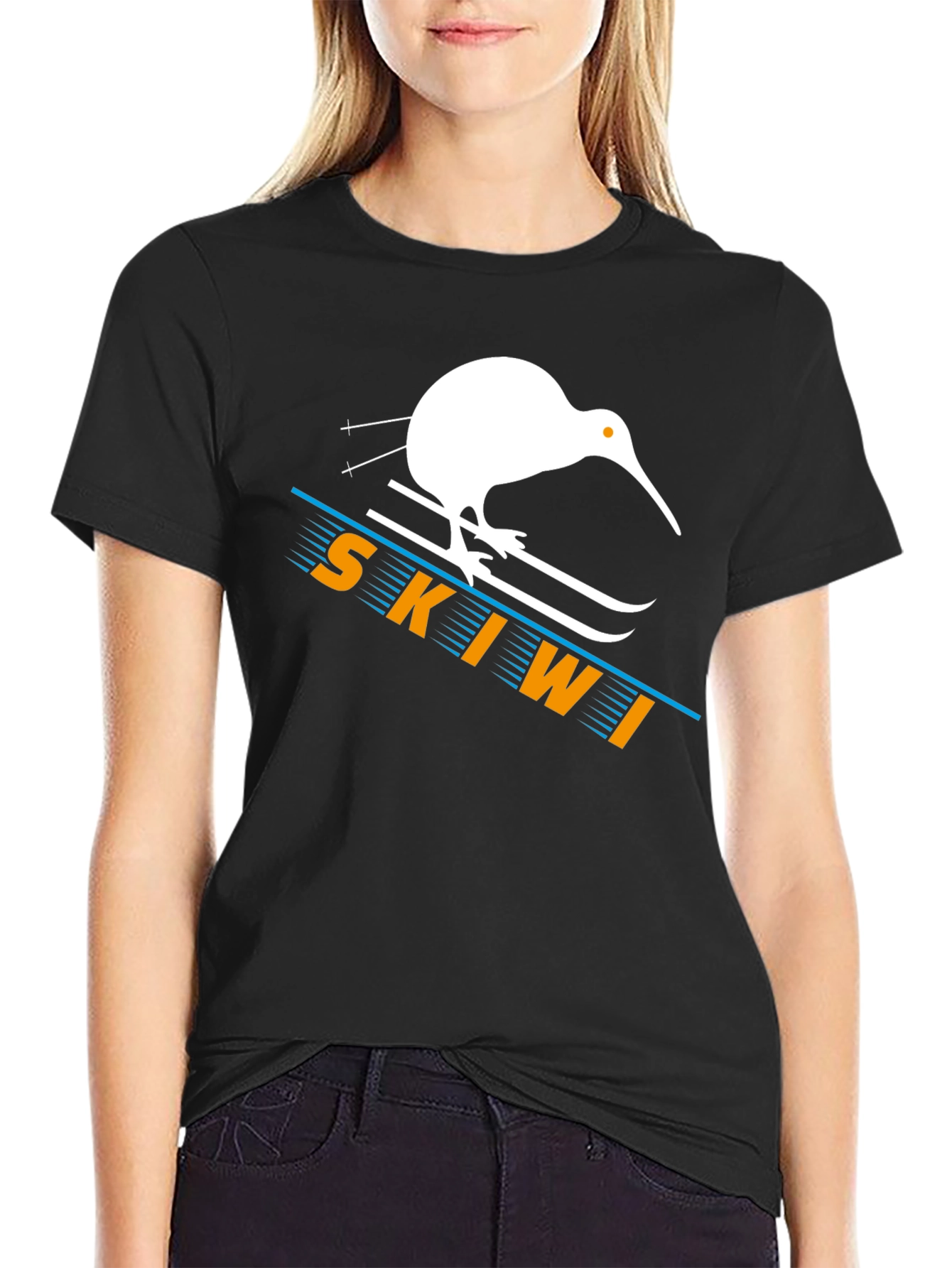 Skiwi T-Shirt - Black Cotton Kiwi Bird Skiing Tee
