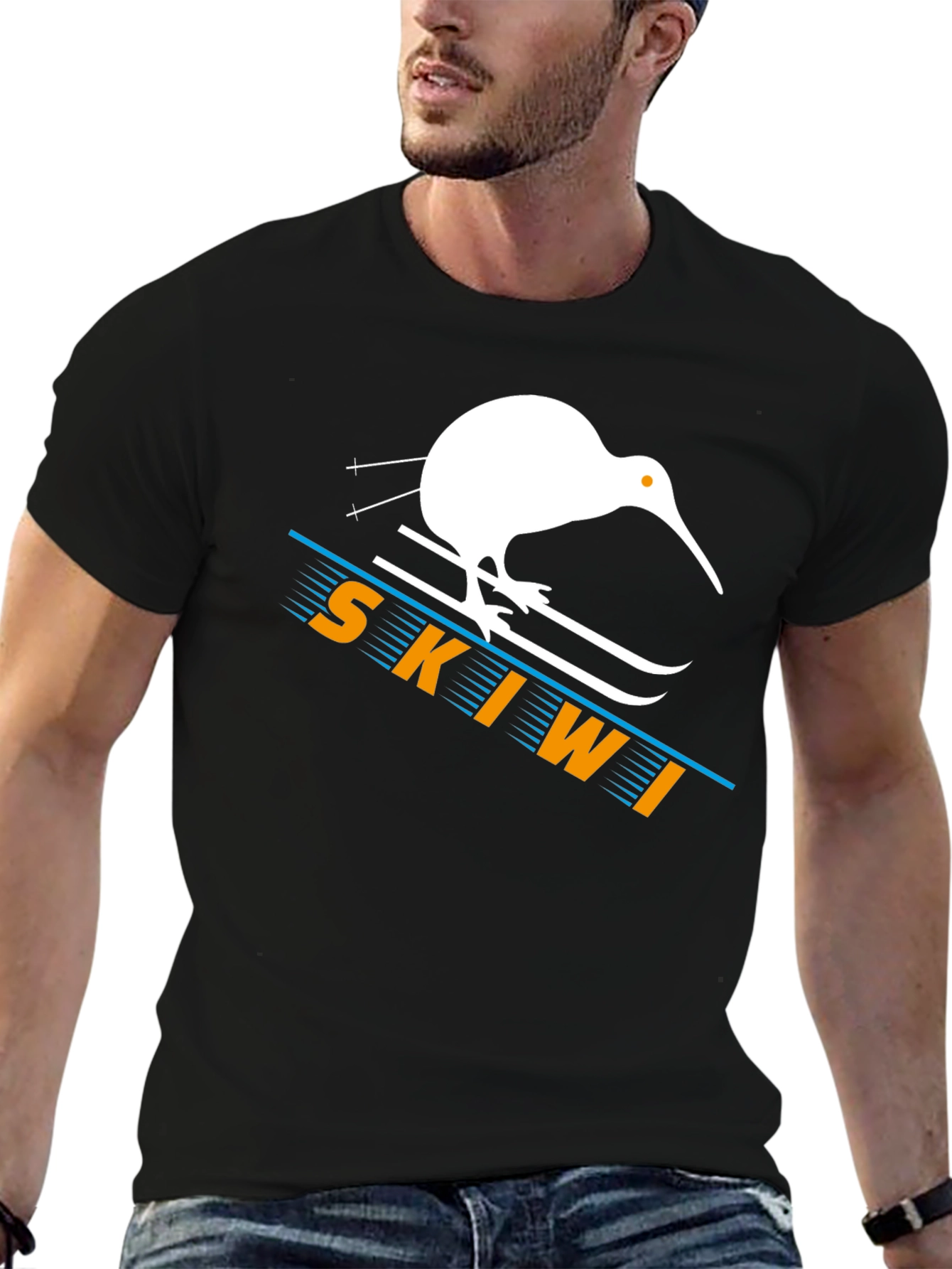 Skiwi T-Shirt - Black Cotton Kiwi Bird Skiing Tee