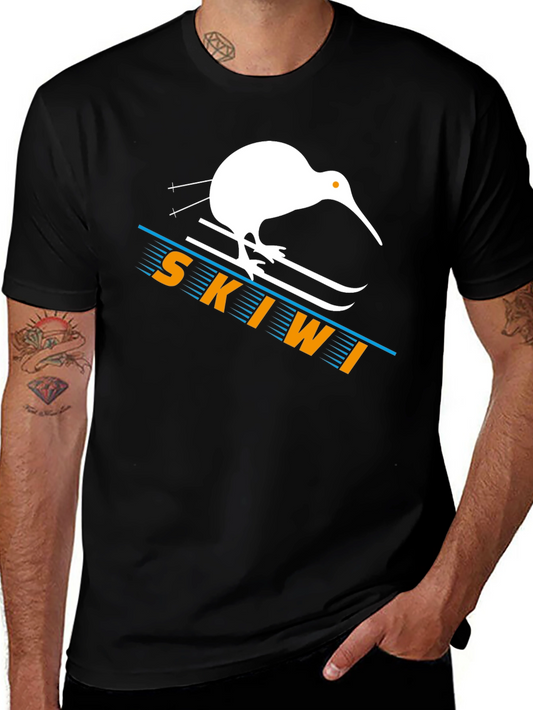 Skiwi T-Shirt - Black Cotton Kiwi Bird Skiing Tee