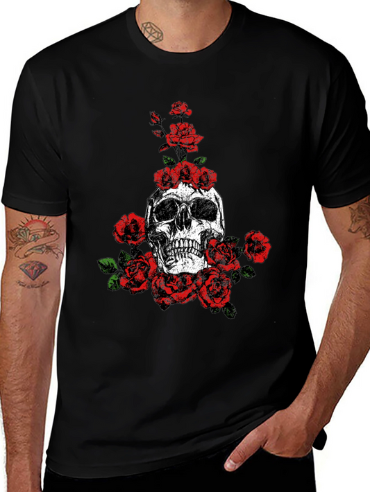 Skull and Roses Graphic Print Black T-Shirt