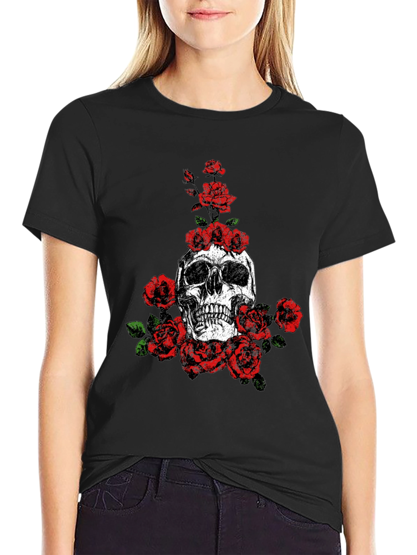 Skull and Roses Graphic Print Black T-Shirt