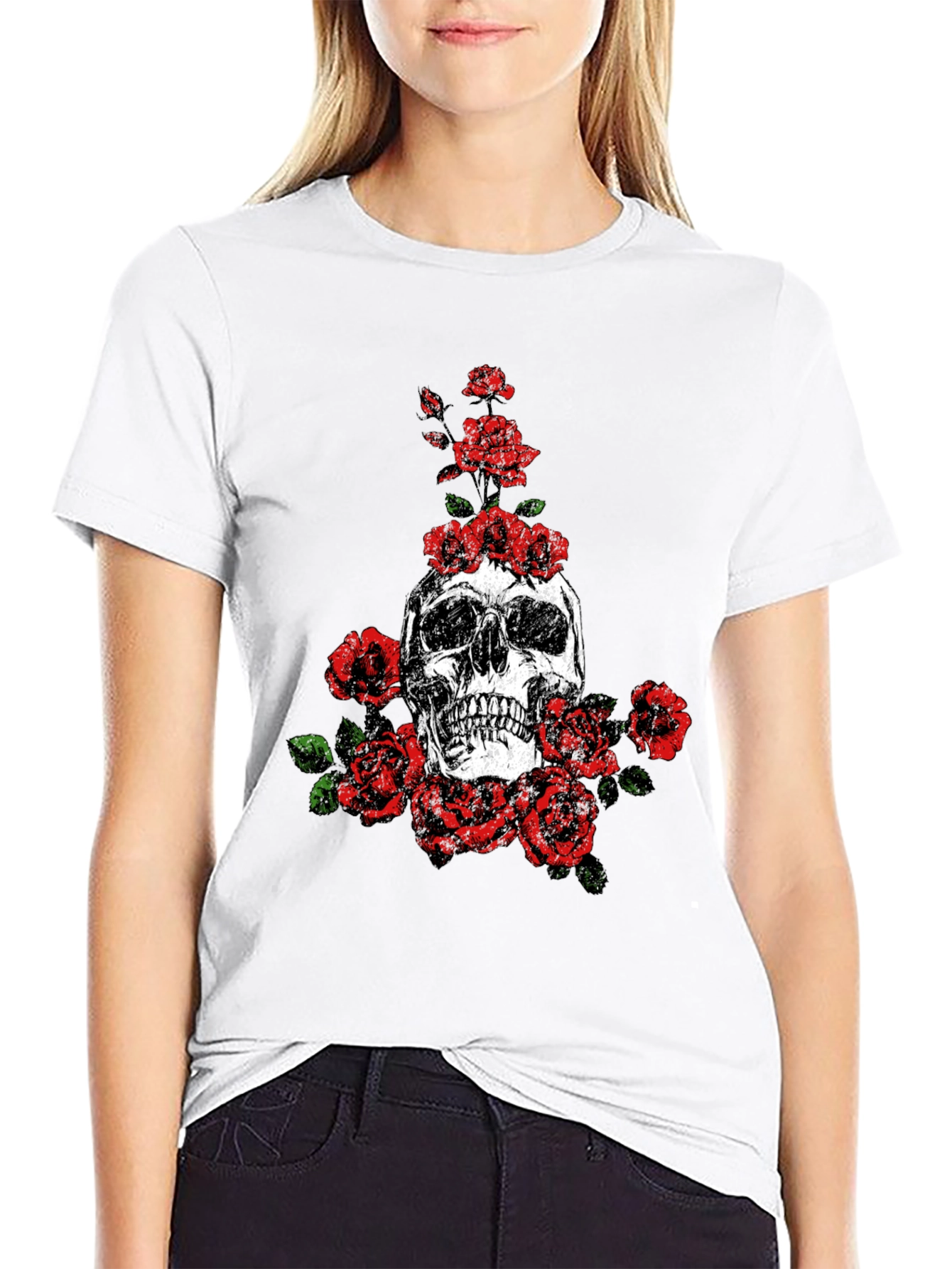Skull and Roses Graphic Print Black T-Shirt