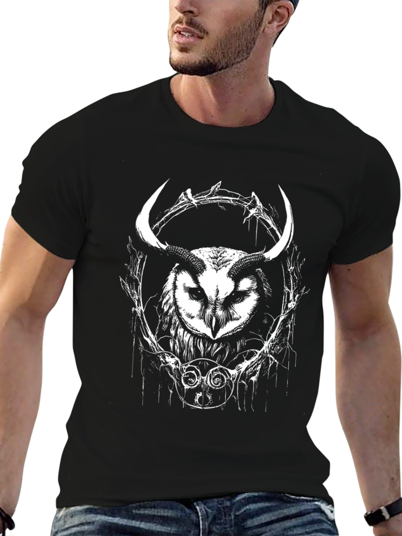 Owl Horns Graphic Black T-Shirt