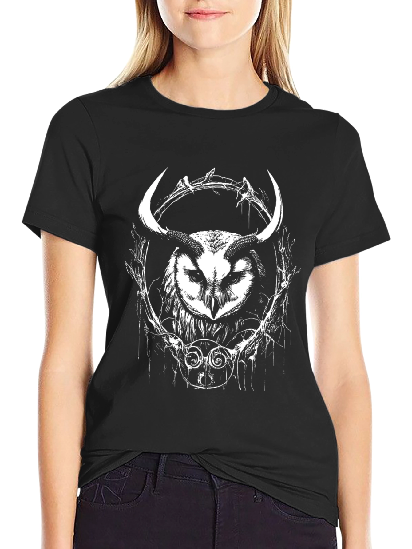 Owl Horns Graphic Black T-Shirt