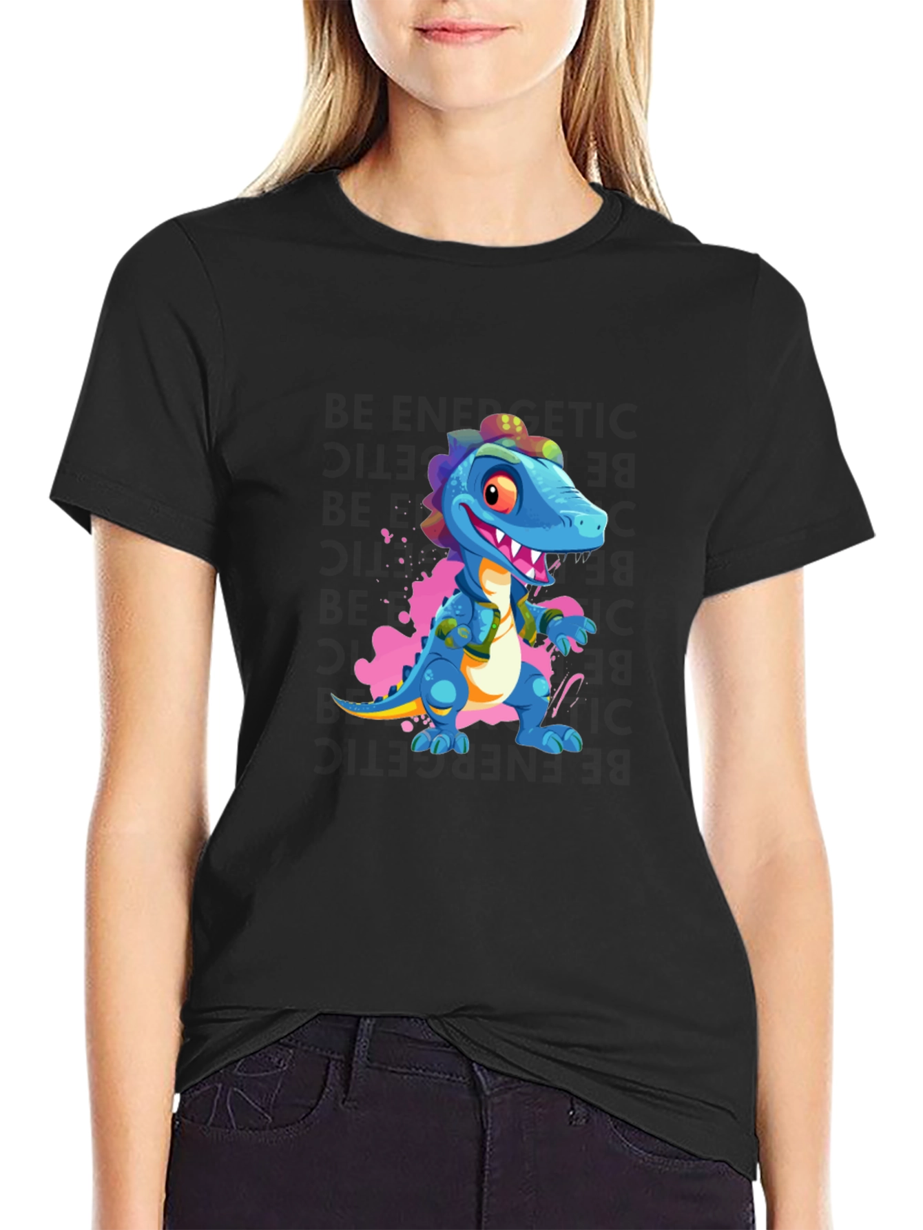 Cartoon Dinosaur Graphic Black T-Shirt