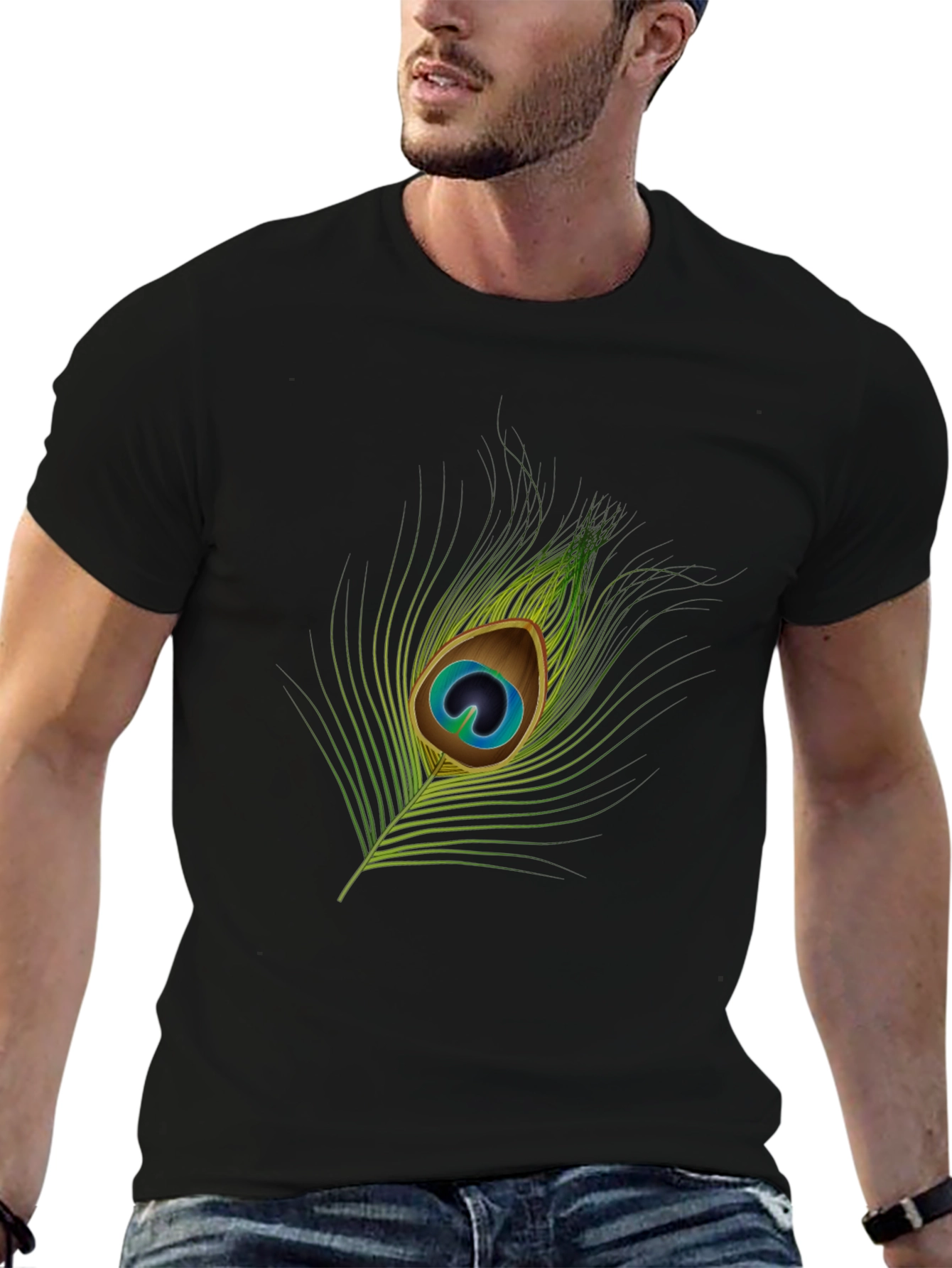 Peacock Feather Graphic Tee - Stylish Black T-Shirt
