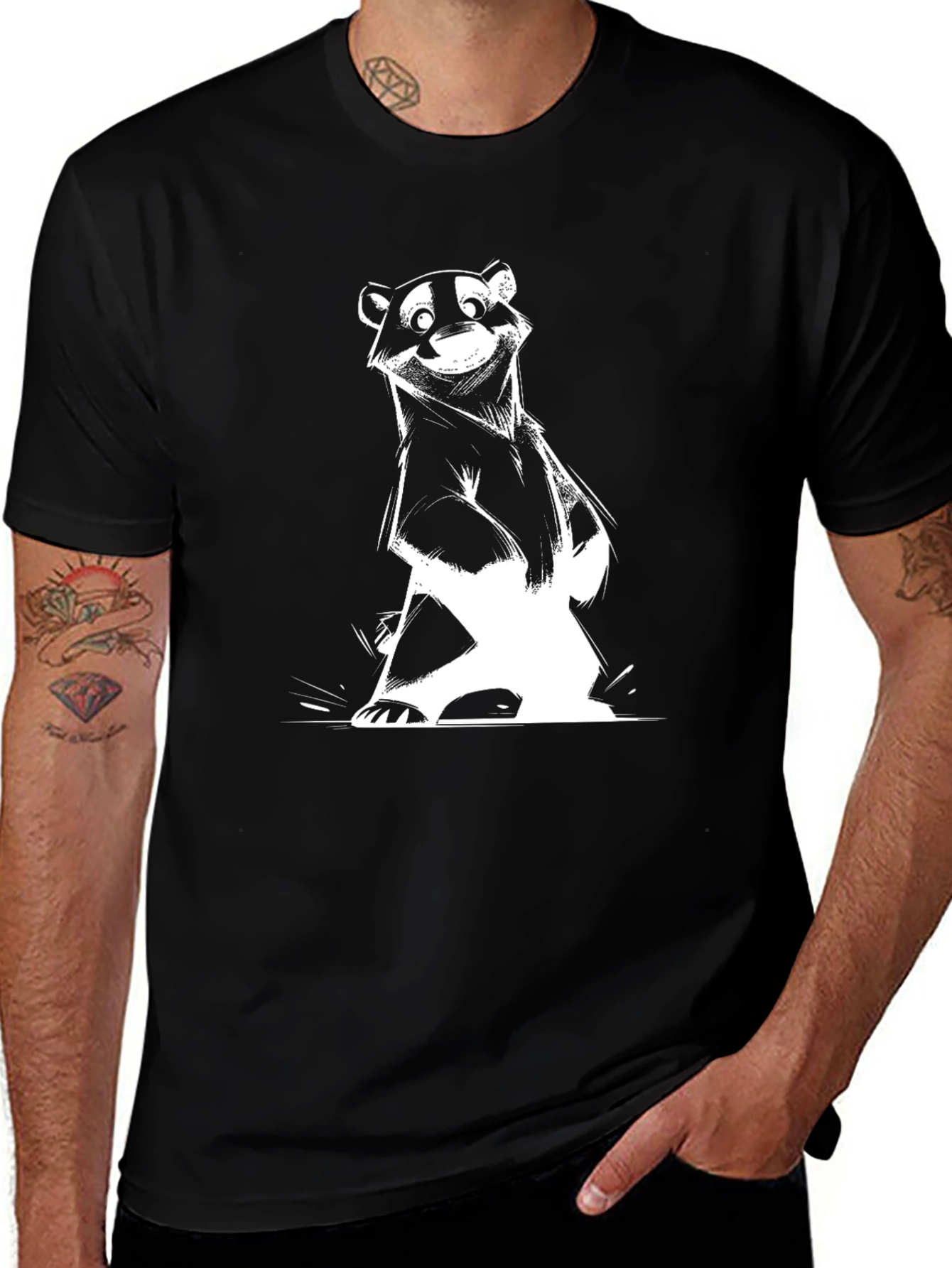 Cartoon Badger Graphic Tee - Black Cotton Blend