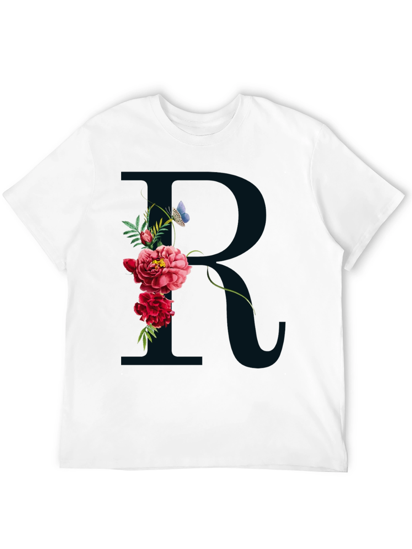 Floral R Initial Black T-Shirt