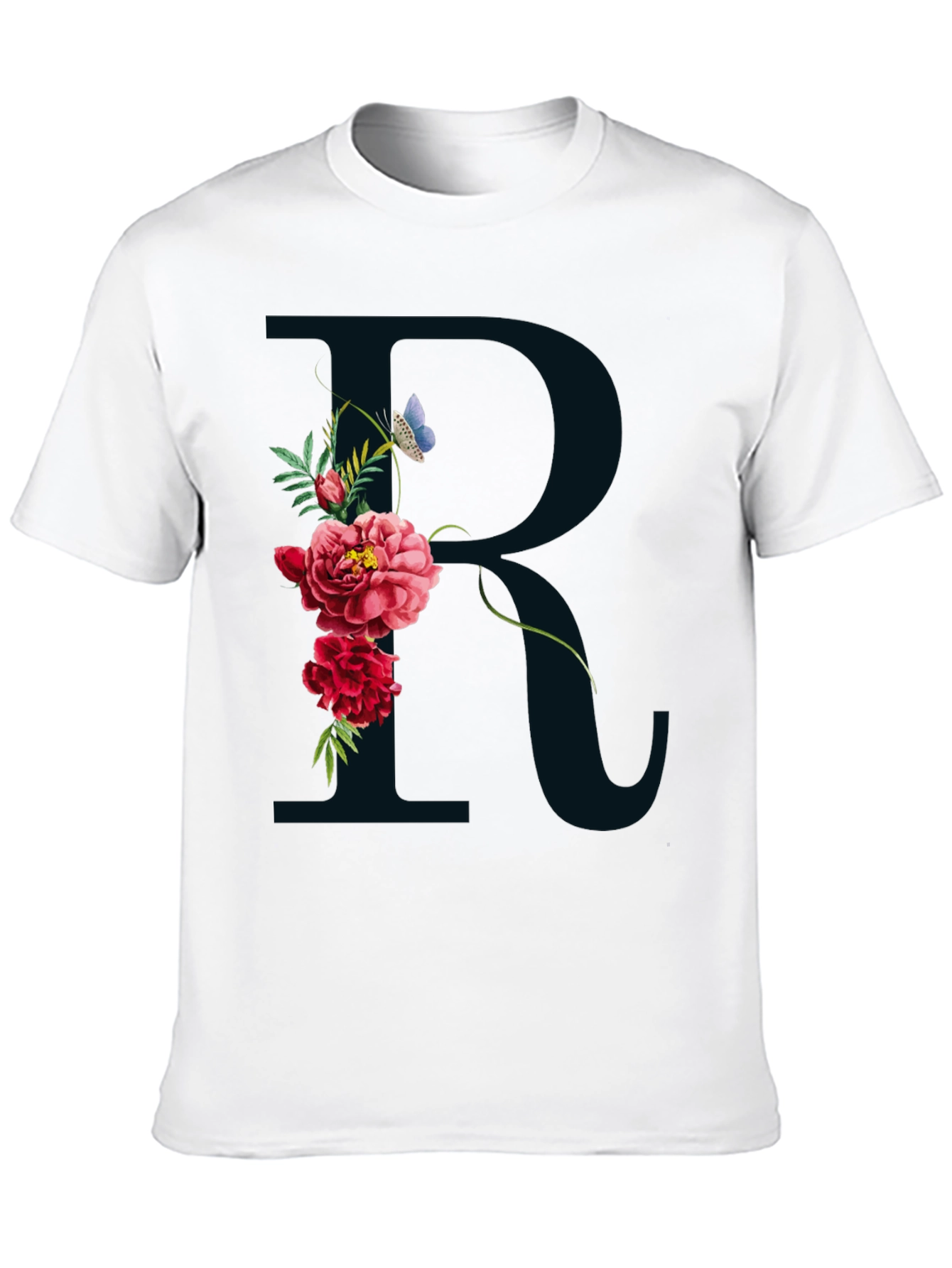 Floral R Initial Black T-Shirt
