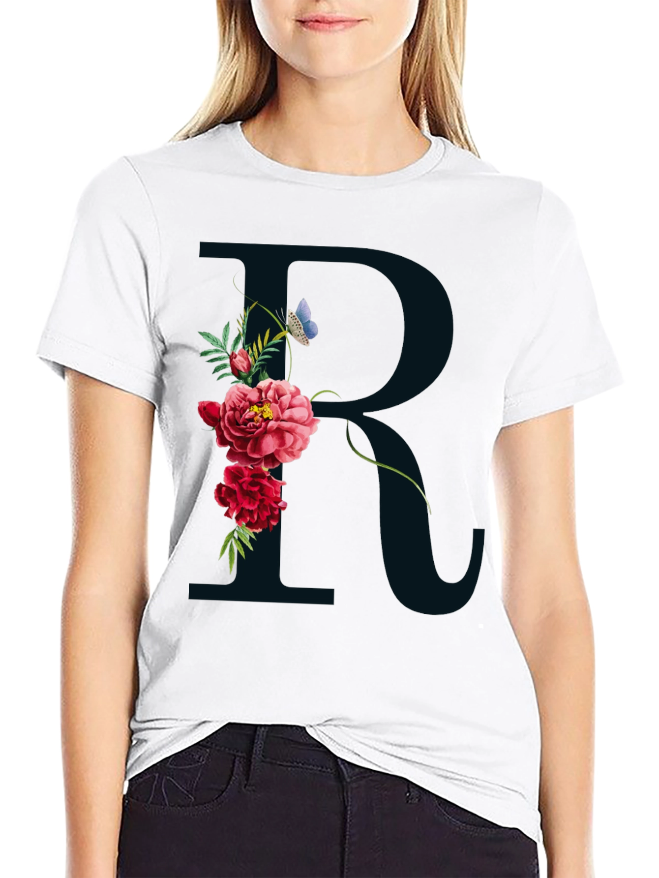 Floral R Initial Black T-Shirt