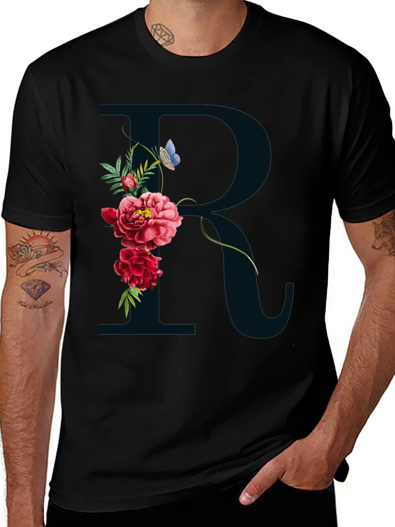 Floral R Initial Black T-Shirt