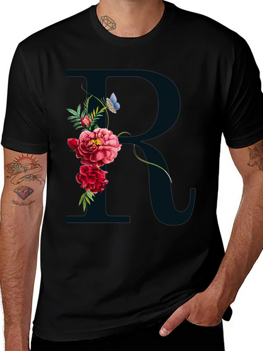 Floral R Initial Black T-Shirt